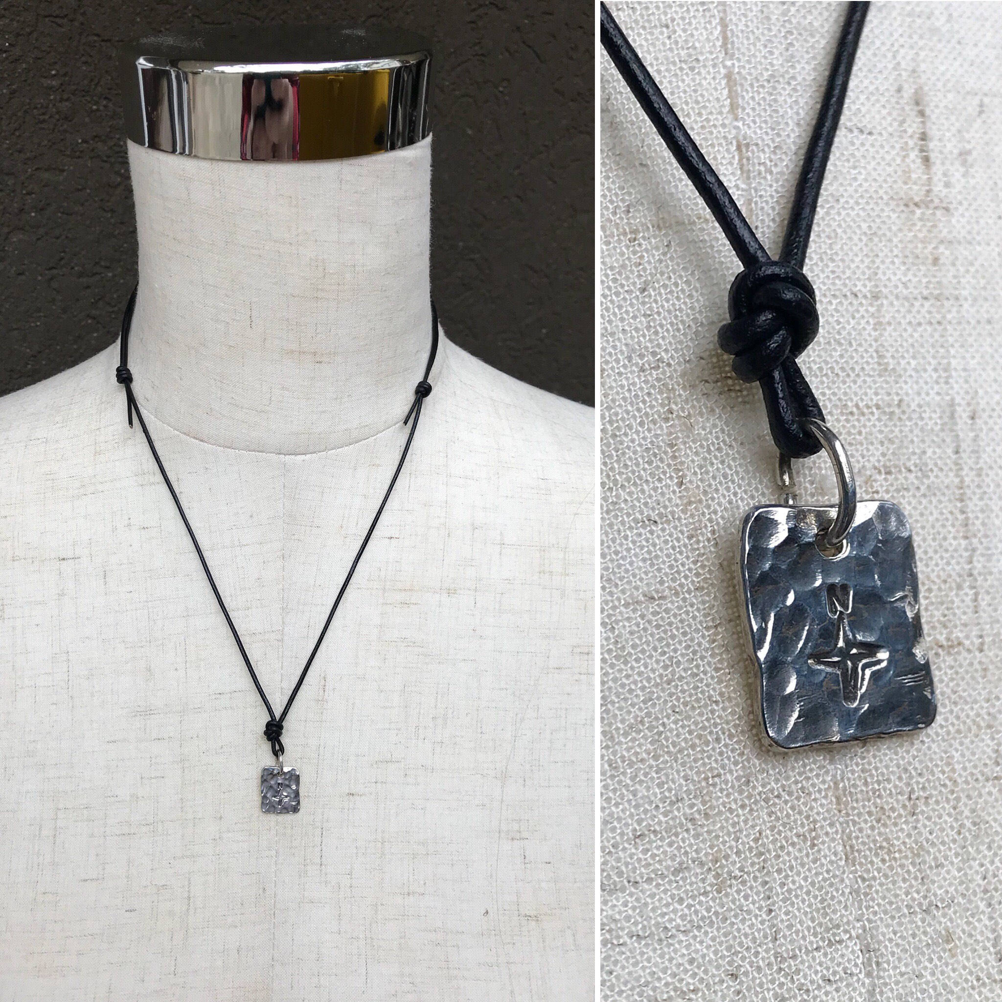 Men's Compass Necklace / Solid Sterling Silver / Rustic Rectangle Stamped Compass / Adjustable Leather Cord - Image 10