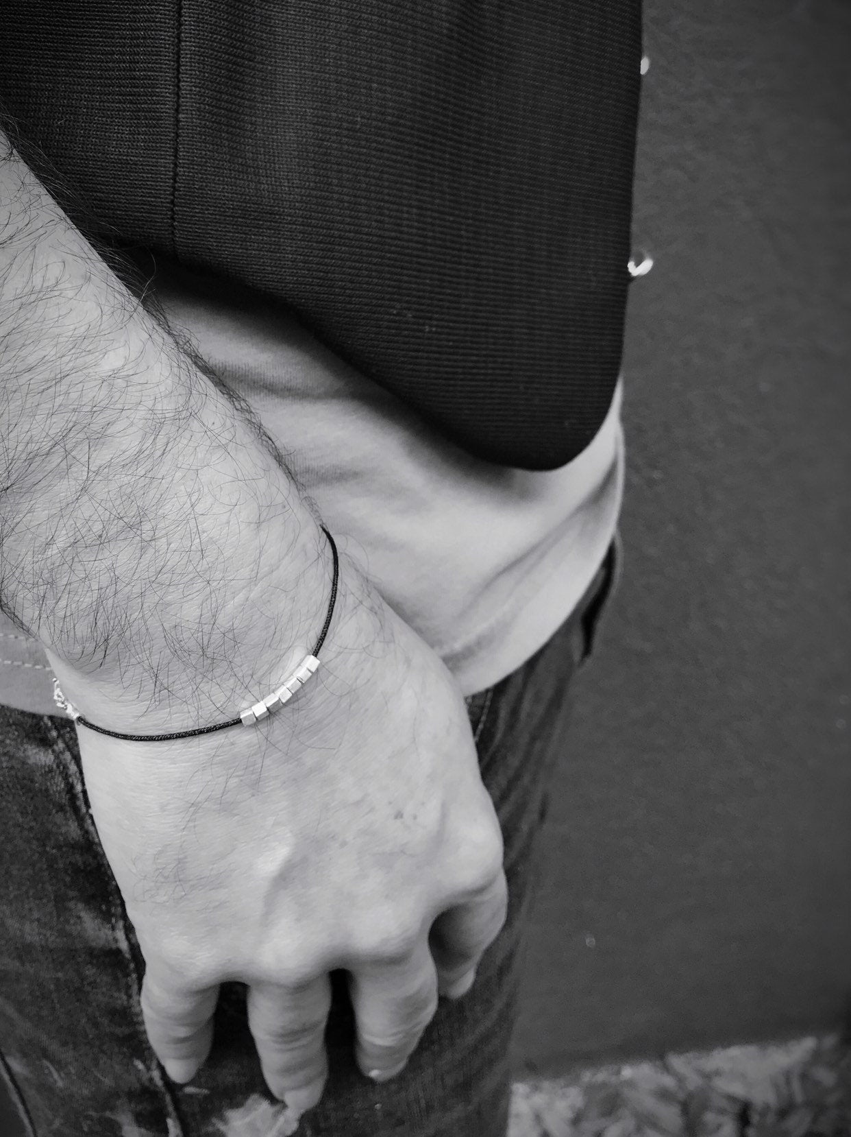 Men's Fine Silver Cube Bracelet Fidget Bracelet Black Nylon