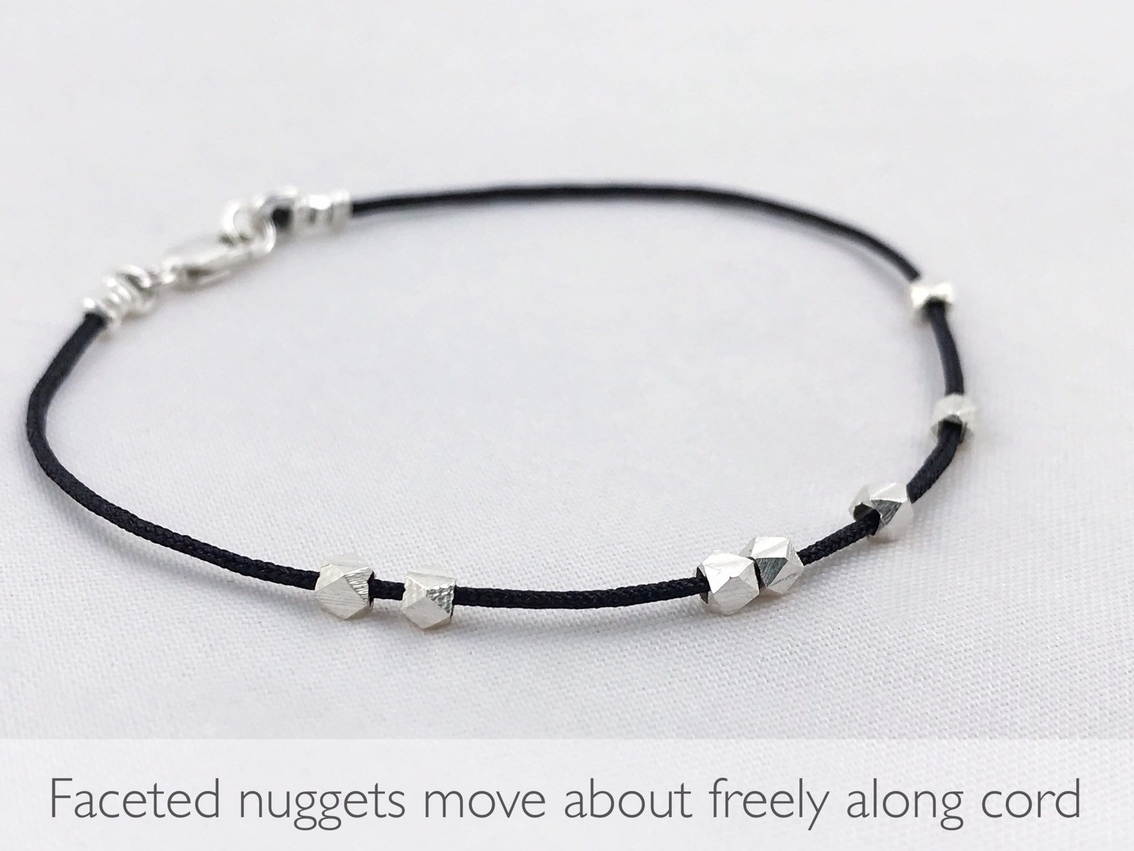 Fine Silver Nugget Bracelet / Fidget Bracelet / Black Nylon Cord / Custom Number Of Nuggets / Custom Sized - Image 4