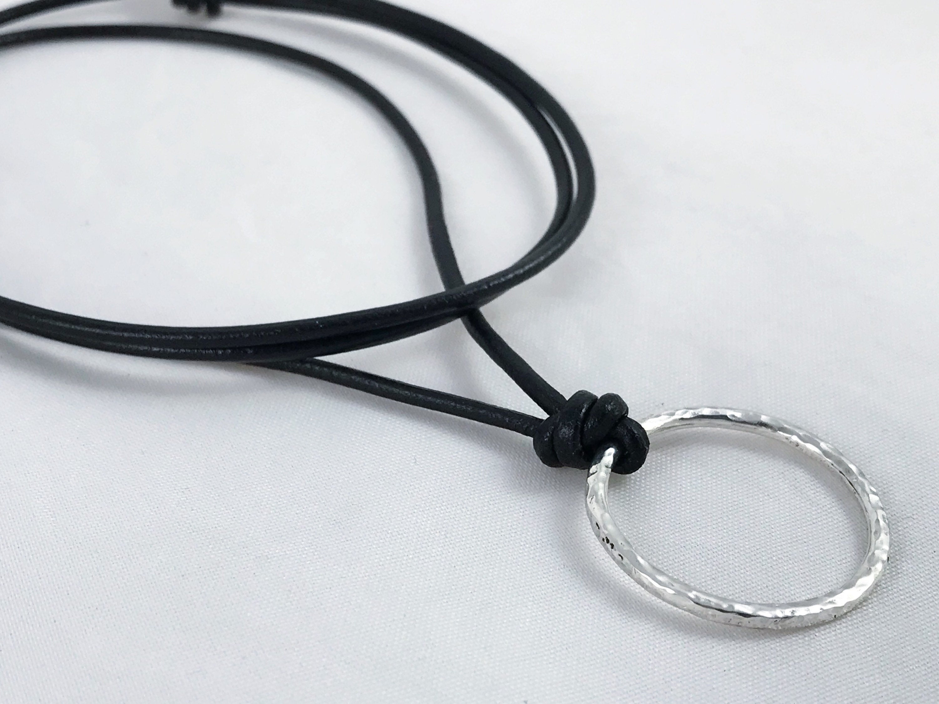 Men's Circle Necklace / Solid Sterling Silver / Rustic Hammer Forged Circle / Adjustable Leather Cord - Image 2