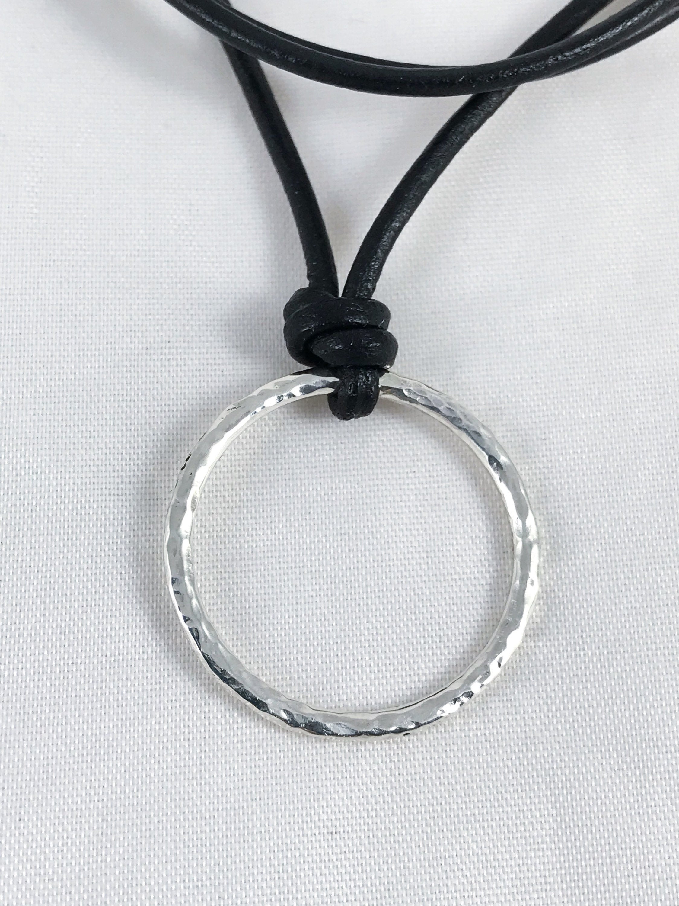 Men's Circle Necklace / Solid Sterling Silver / Rustic Hammer Forged Circle / Adjustable Leather Cord - Image 4