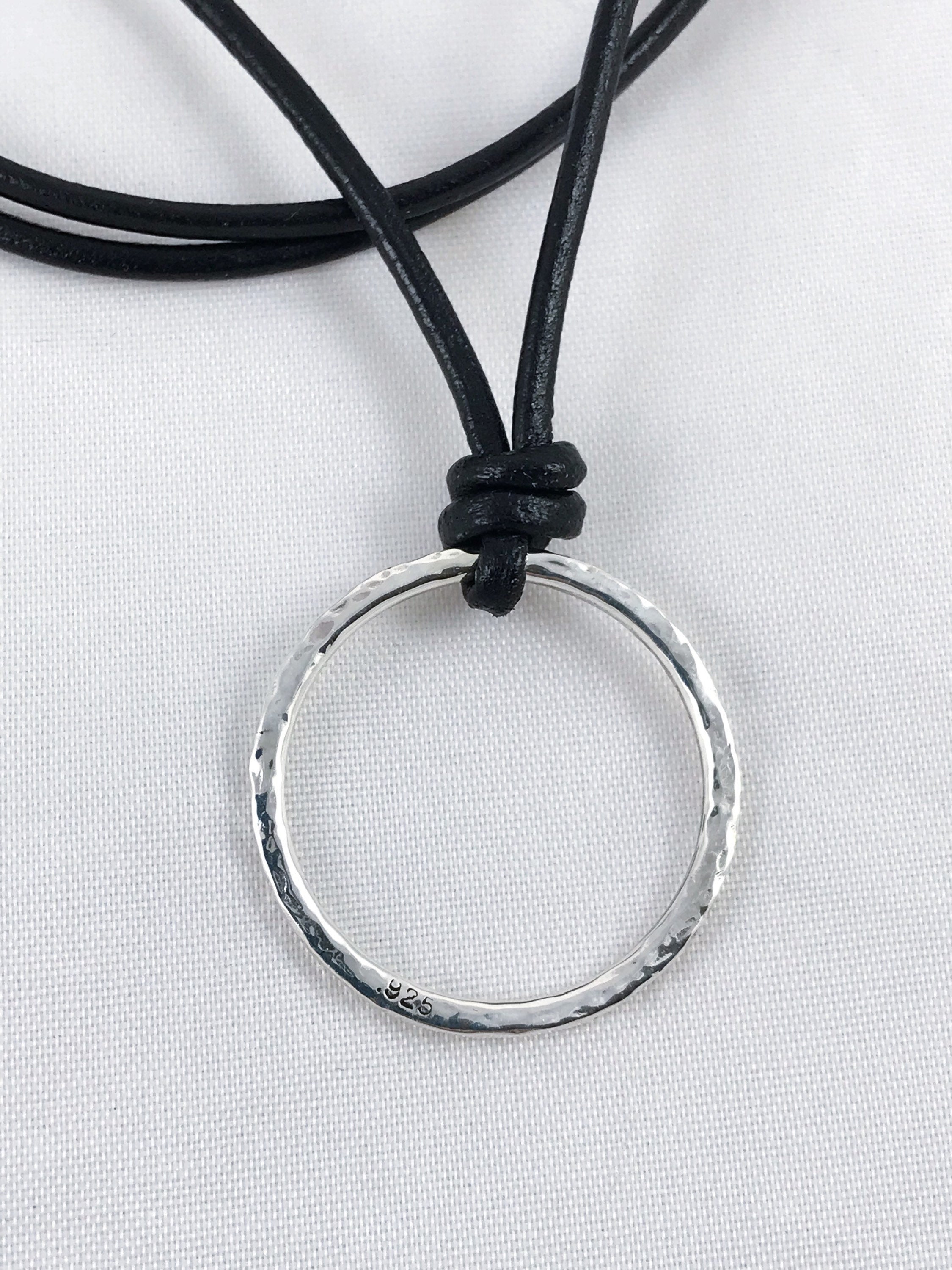 Men's Circle Necklace / Solid Sterling Silver / Rustic Hammer Forged Circle / Adjustable Leather Cord - Image 5