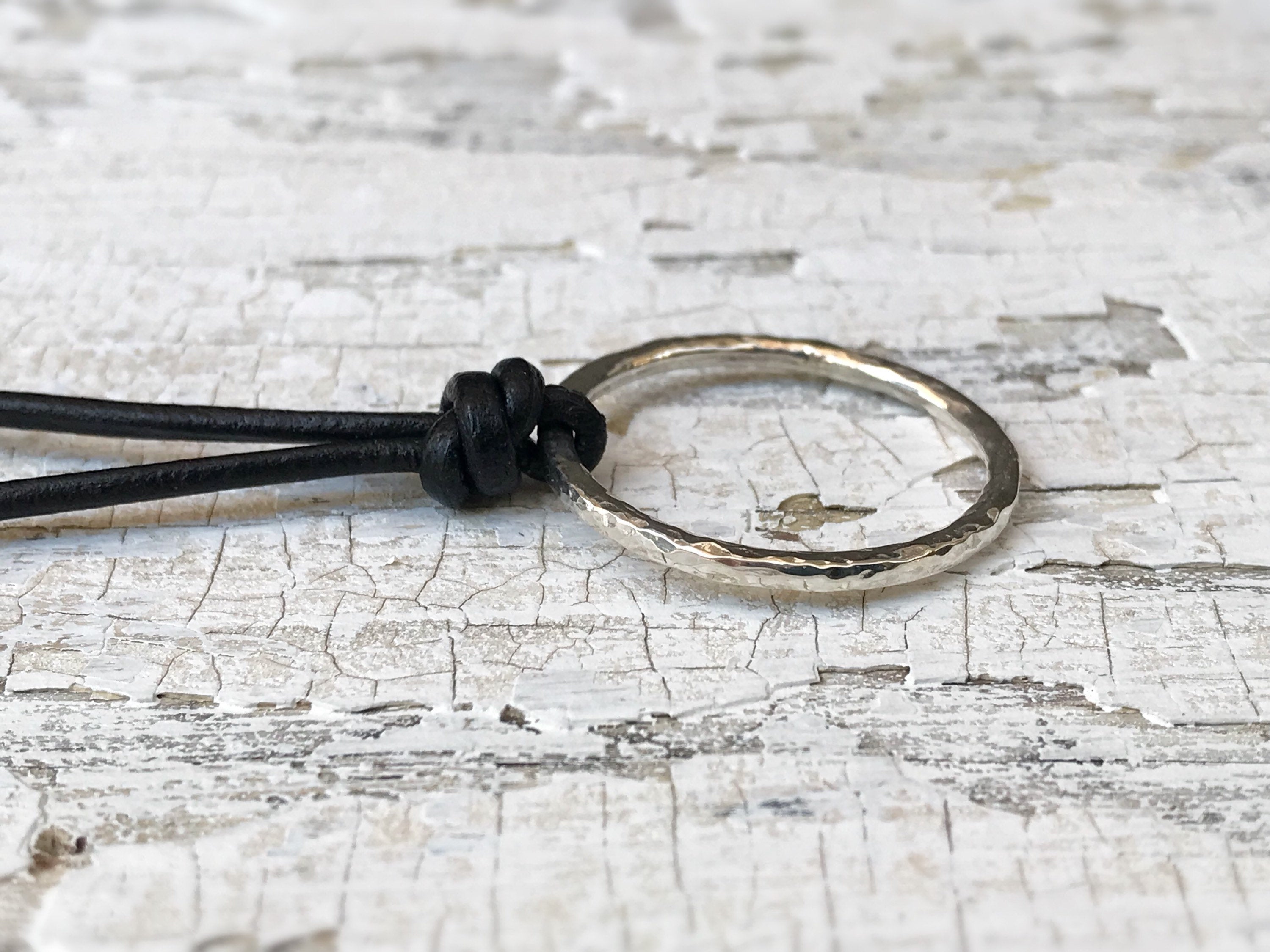 Men's Circle Necklace / Solid Sterling Silver / Rustic Hammer Forged Circle / Adjustable Leather Cord - Image 6