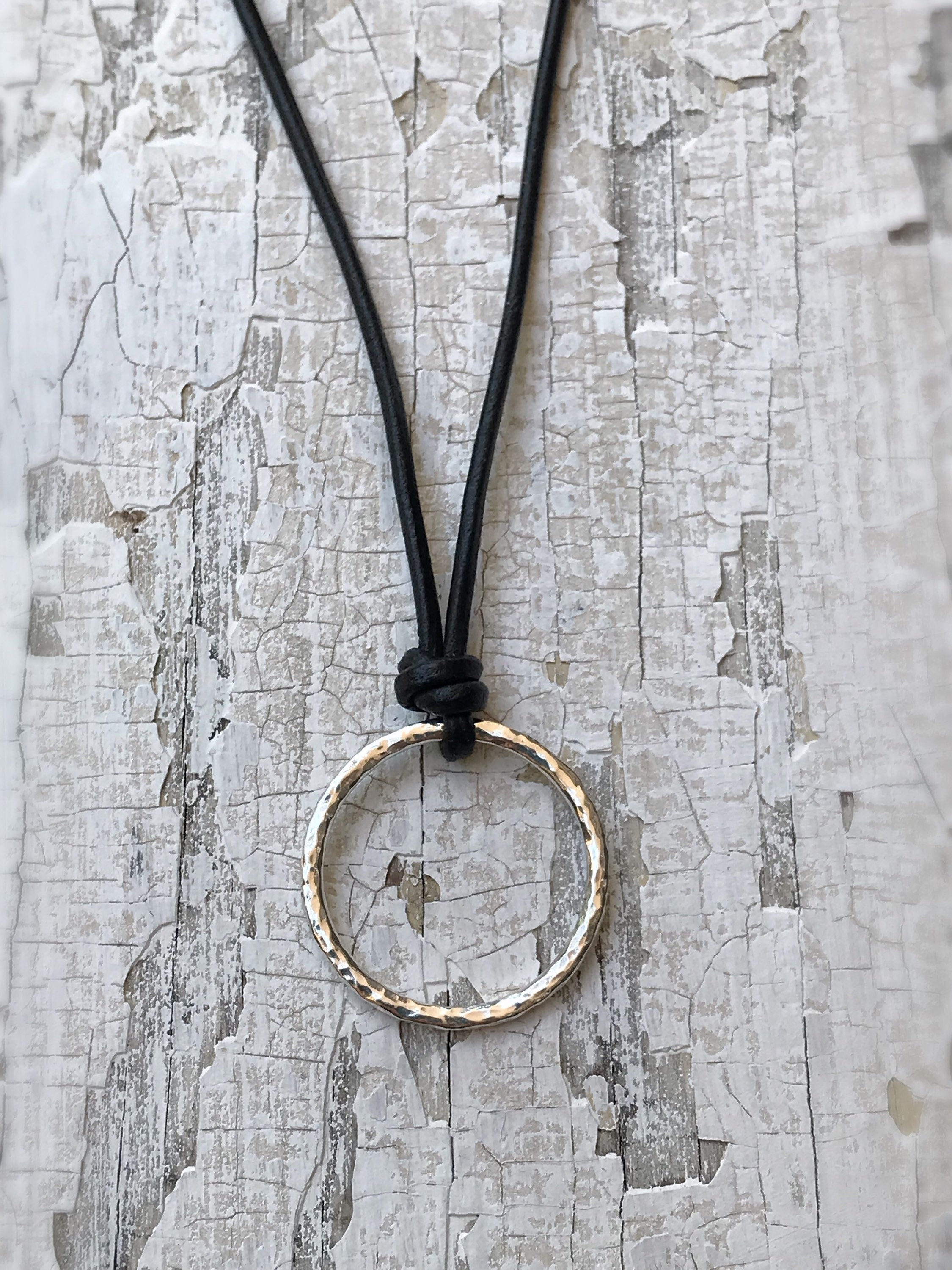 Men's Circle Necklace / Solid Sterling Silver / Rustic Hammer Forged Circle / Adjustable Leather Cord - Image 8