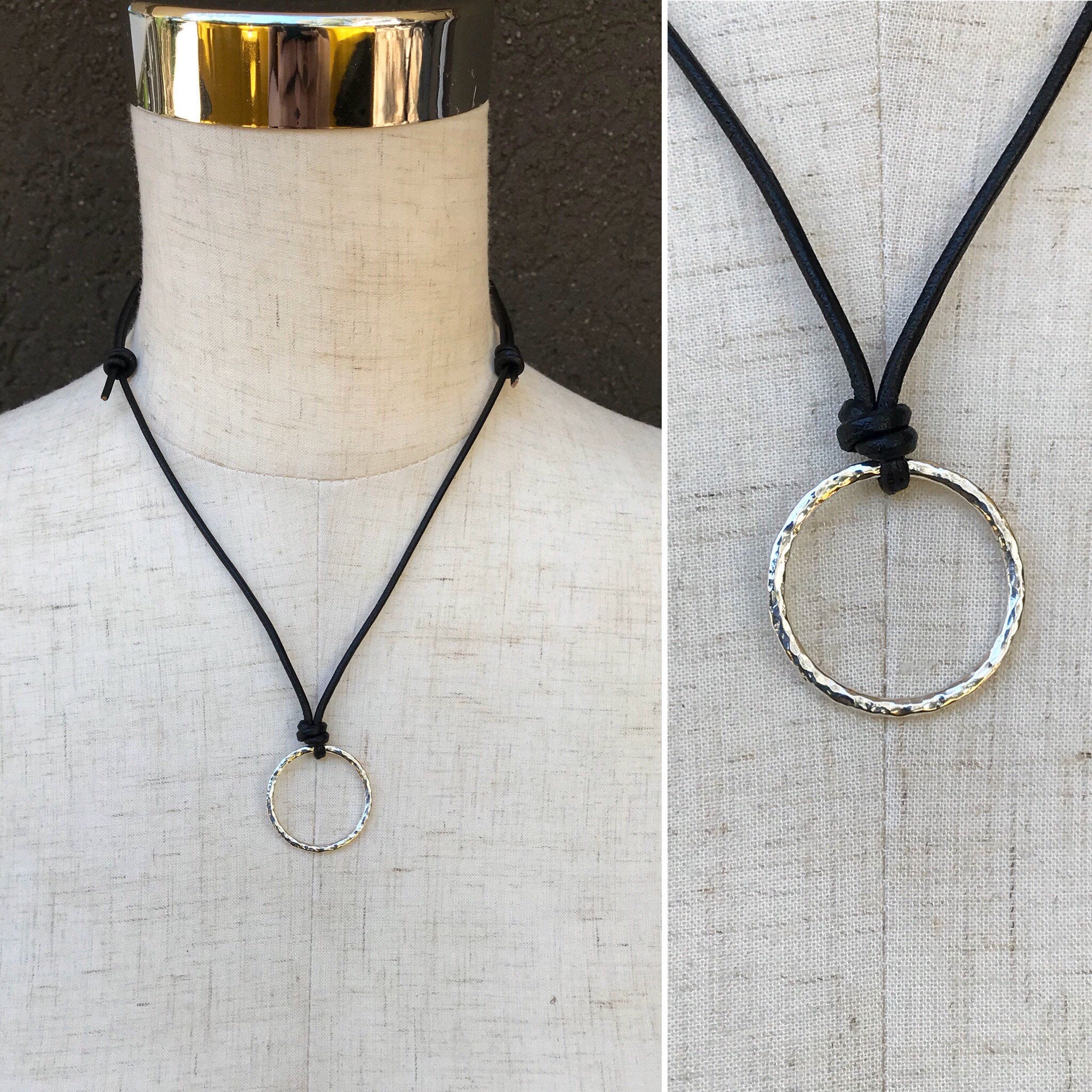 Men's Circle Necklace / Solid Sterling Silver / Rustic Hammer Forged Circle / Adjustable Leather Cord - Image 9