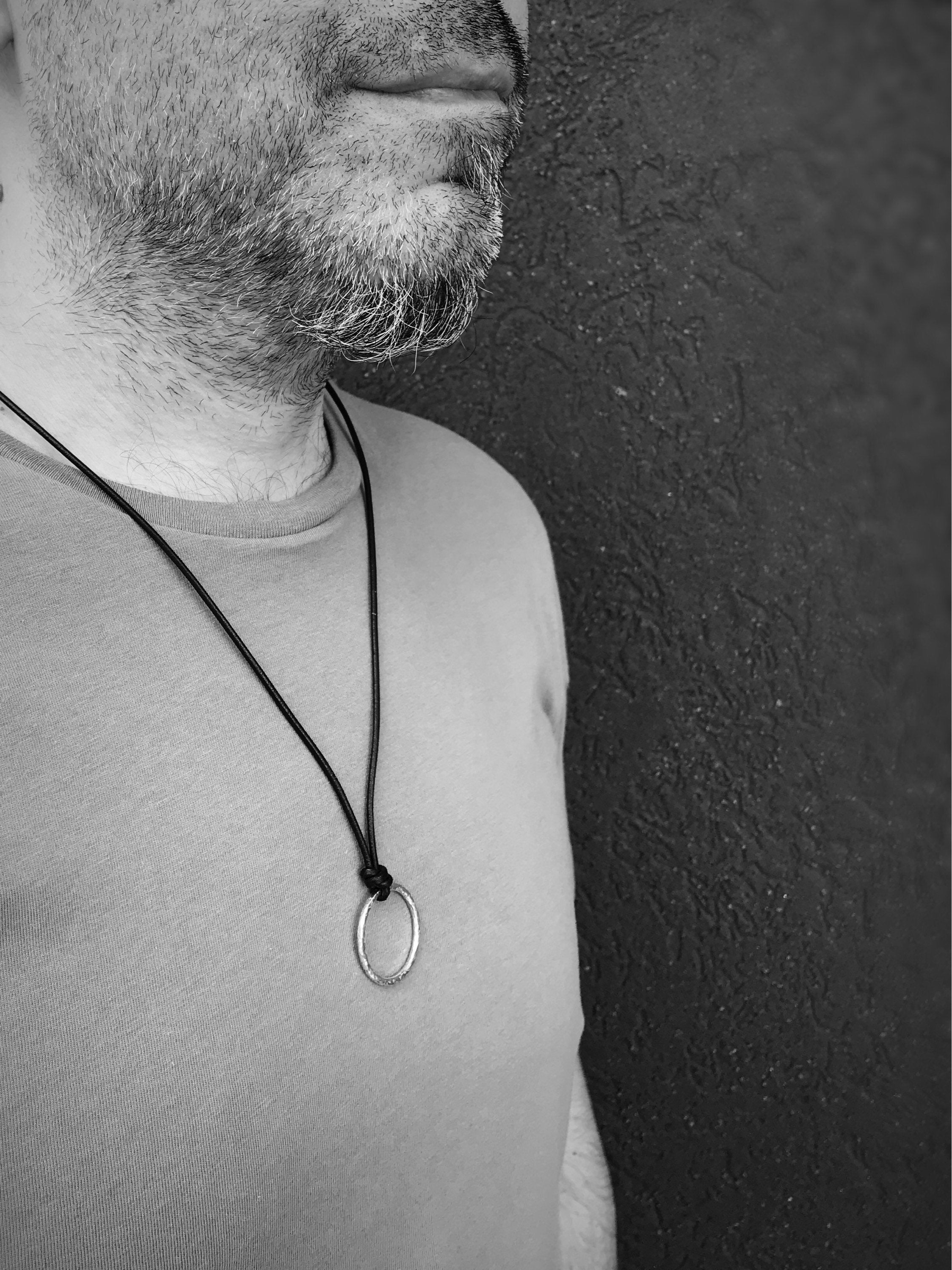 Men's Circle Necklace / Solid Sterling Silver / Rustic Hammer Forged Circle / Adjustable Leather Cord - Image 10