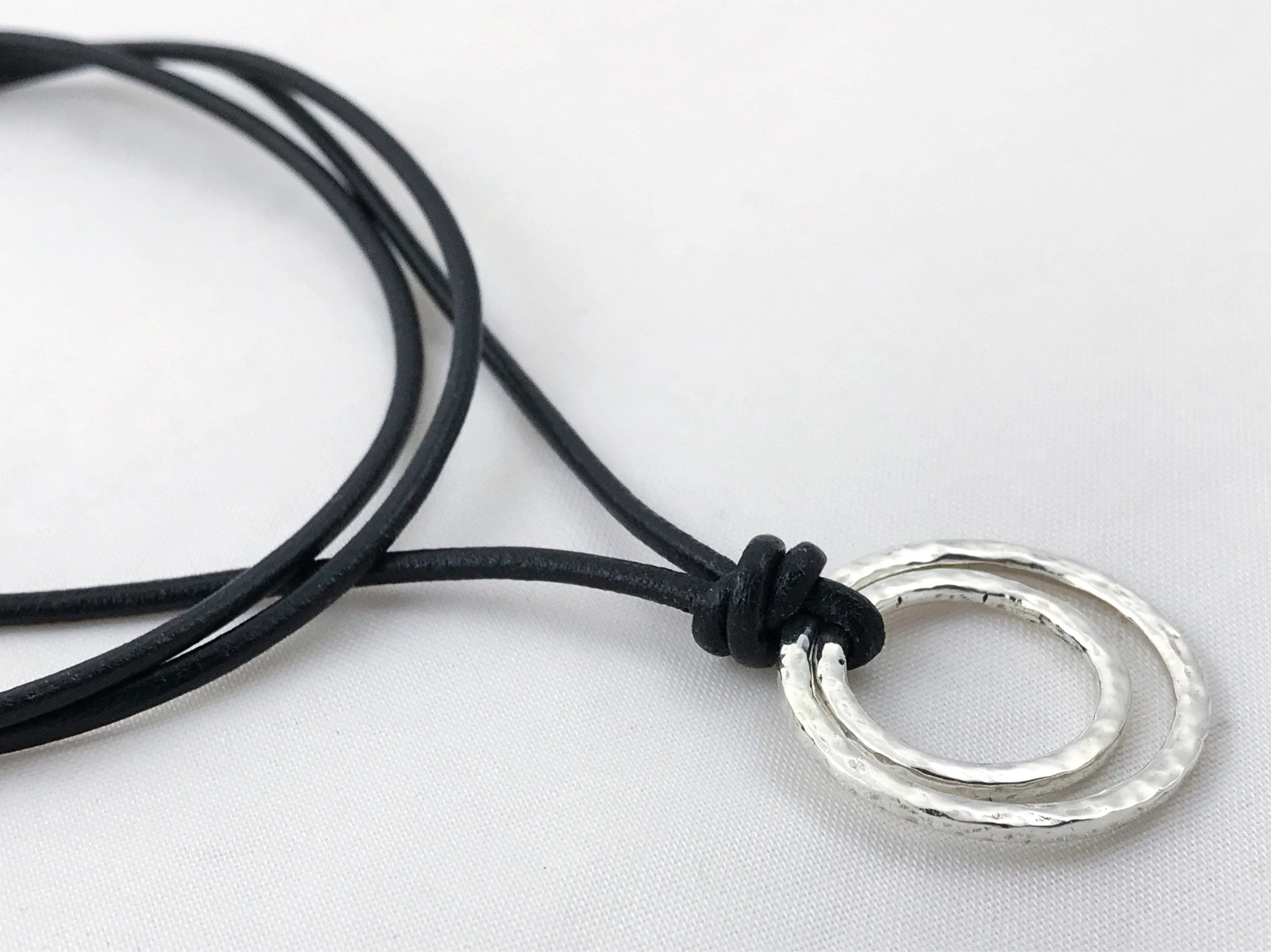 Men's Two Circle Necklace / Solid Sterling Silver / Rustic Hammer Forged Nesting Circles / Adjustable Leather Cord - Image 2
