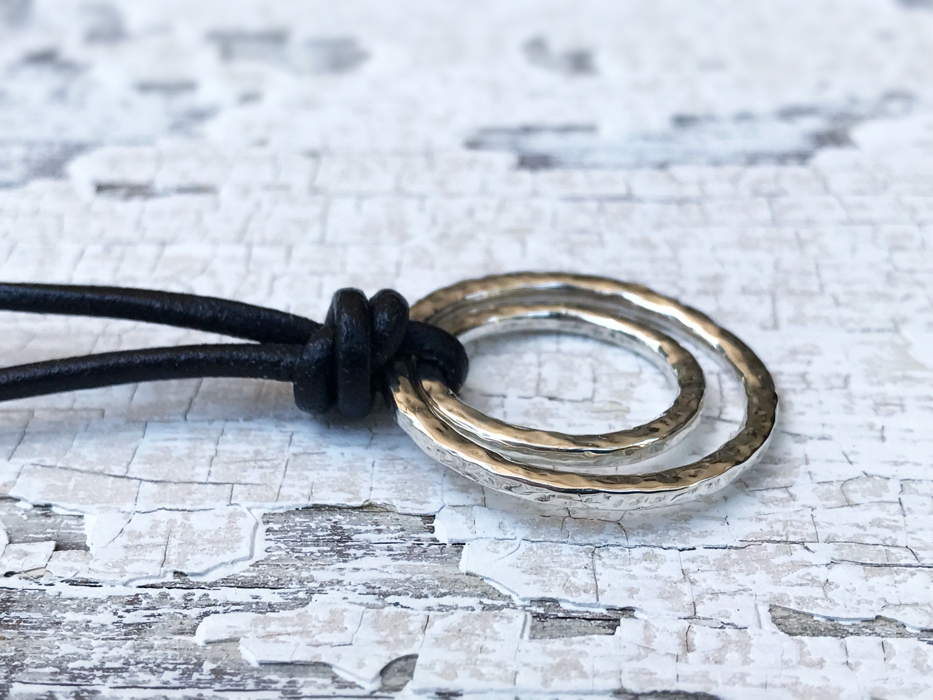 Men's Two Circle Necklace / Solid Sterling Silver / Rustic Hammer Forged Nesting Circles / Adjustable Leather Cord - Image 6