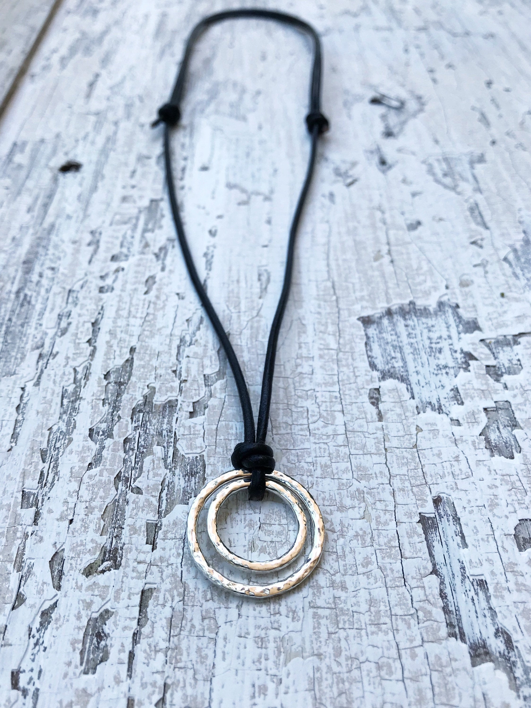 Men's Two Circle Necklace / Solid Sterling Silver / Rustic Hammer Forged Nesting Circles / Adjustable Leather Cord - Image 7