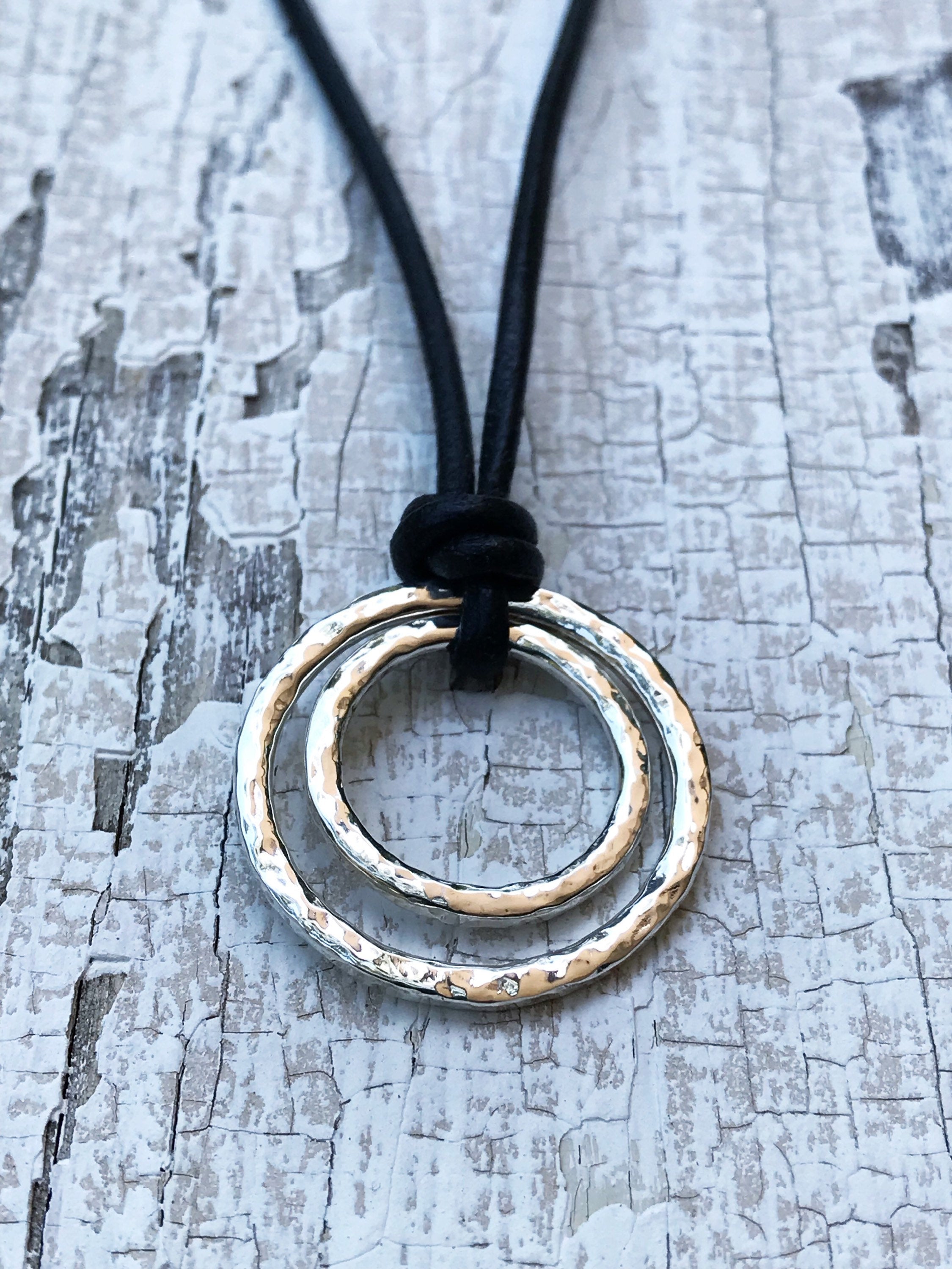 Men's Two Circle Necklace / Solid Sterling Silver / Rustic Hammer Forged Nesting Circles / Adjustable Leather Cord - Image 8