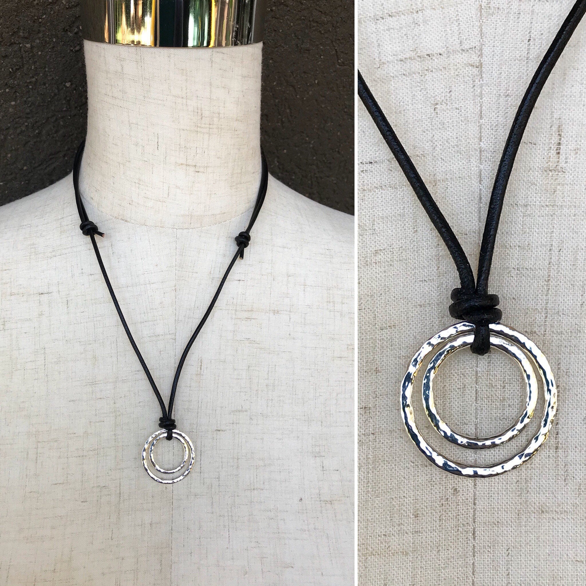 Men's Two Circle Necklace / Solid Sterling Silver / Rustic Hammer Forged Nesting Circles / Adjustable Leather Cord - Image 9