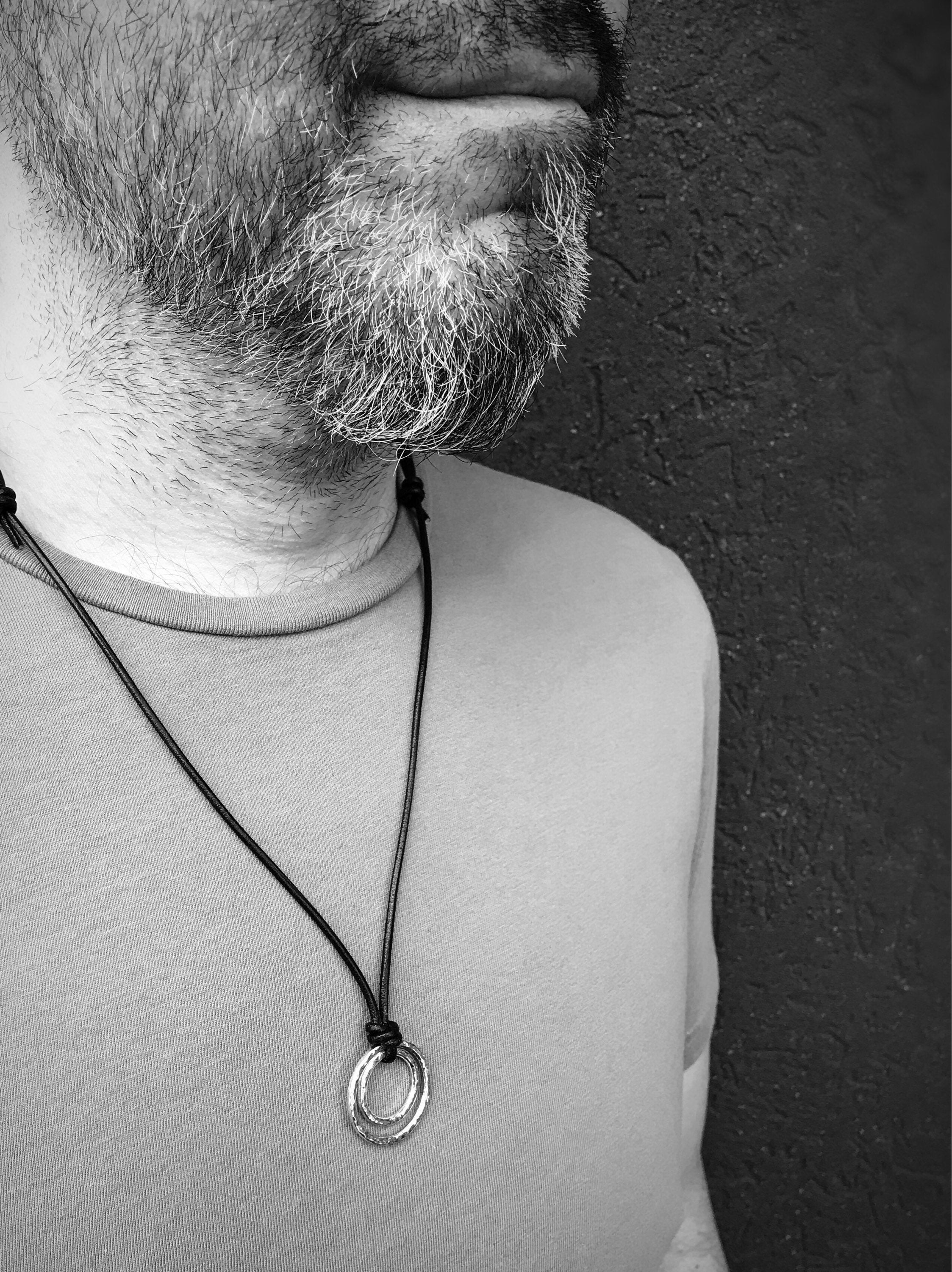 Men's Two Circle Necklace / Solid Sterling Silver / Rustic Hammer Forged Nesting Circles / Adjustable Leather Cord - Image 10