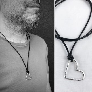 Men's Heart Necklace / Solid Sterling Silver / Rustic Hammer Forged Heart / Adjustable Leather Cord