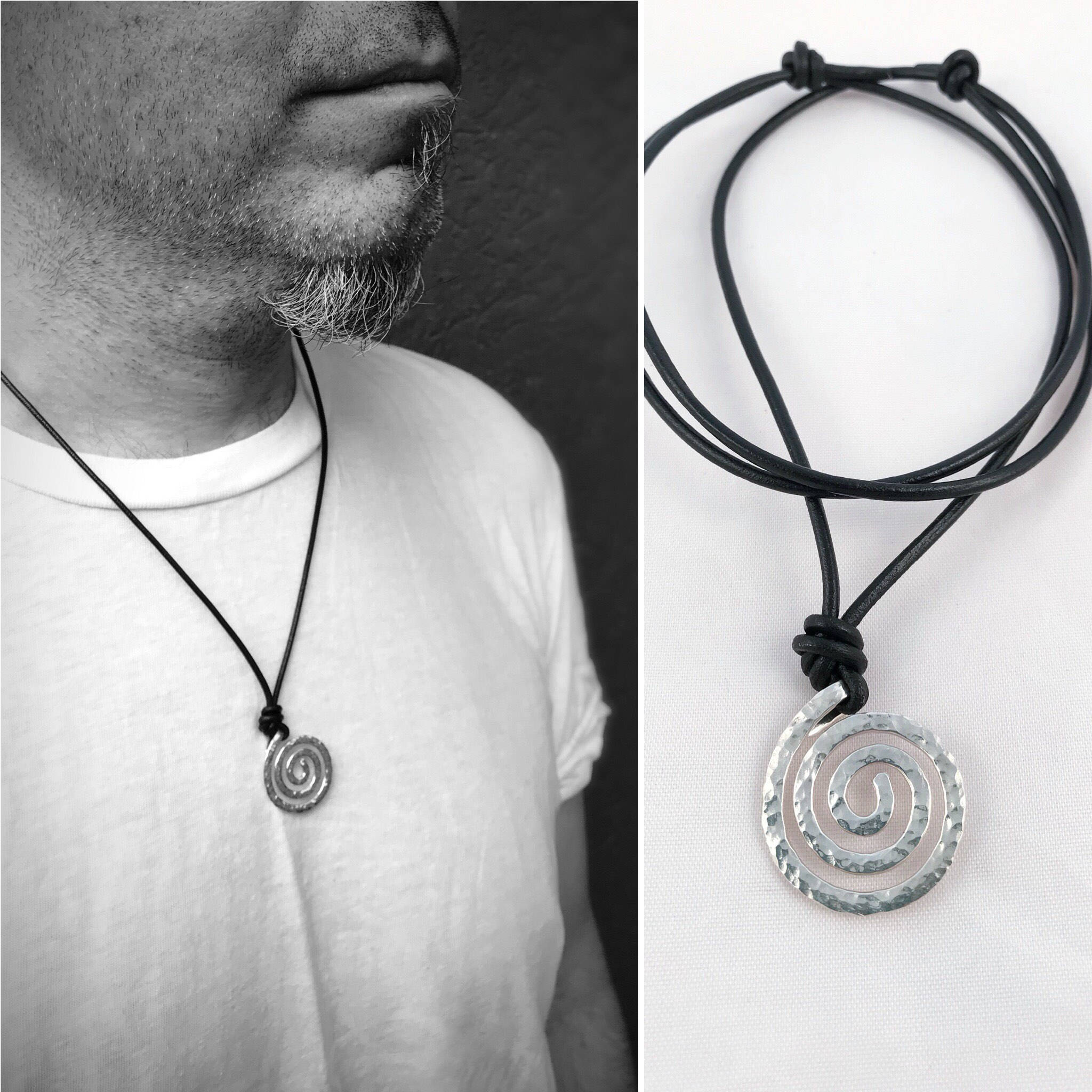 Men's Spiral Necklace / Solid Sterling Silver / Hammer Forged / Koru Spiral / Adjustable Leather Cord - Image 2