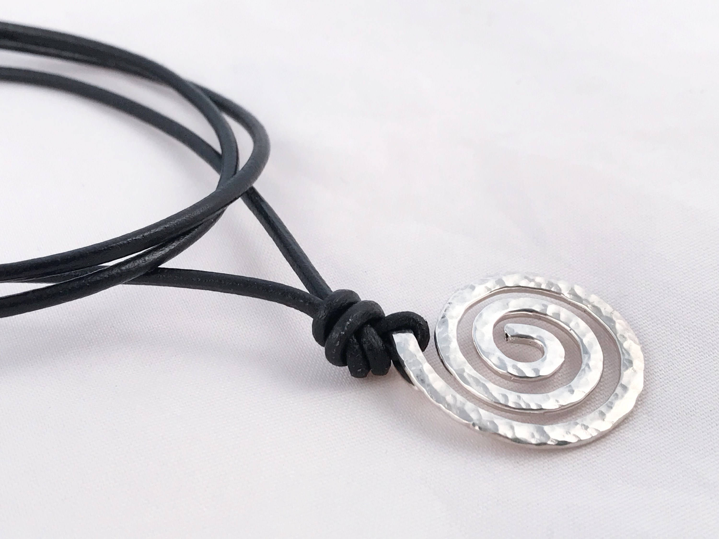 Men's Spiral Necklace / Solid Sterling Silver / Hammer Forged / Koru Spiral / Adjustable Leather Cord - Image 5
