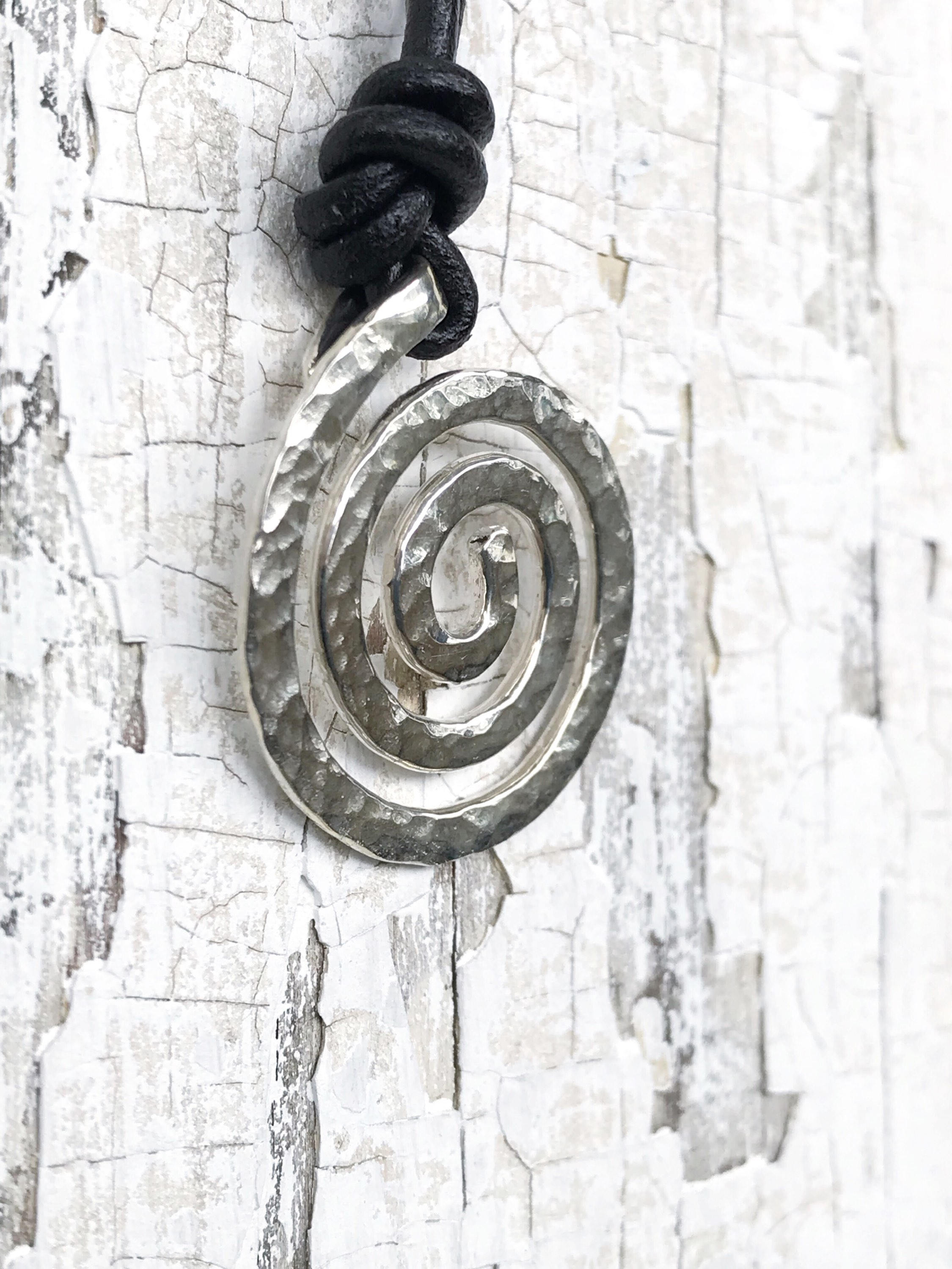 Men's Spiral Necklace / Solid Sterling Silver / Hammer Forged / Koru Spiral / Adjustable Leather Cord - Image 7