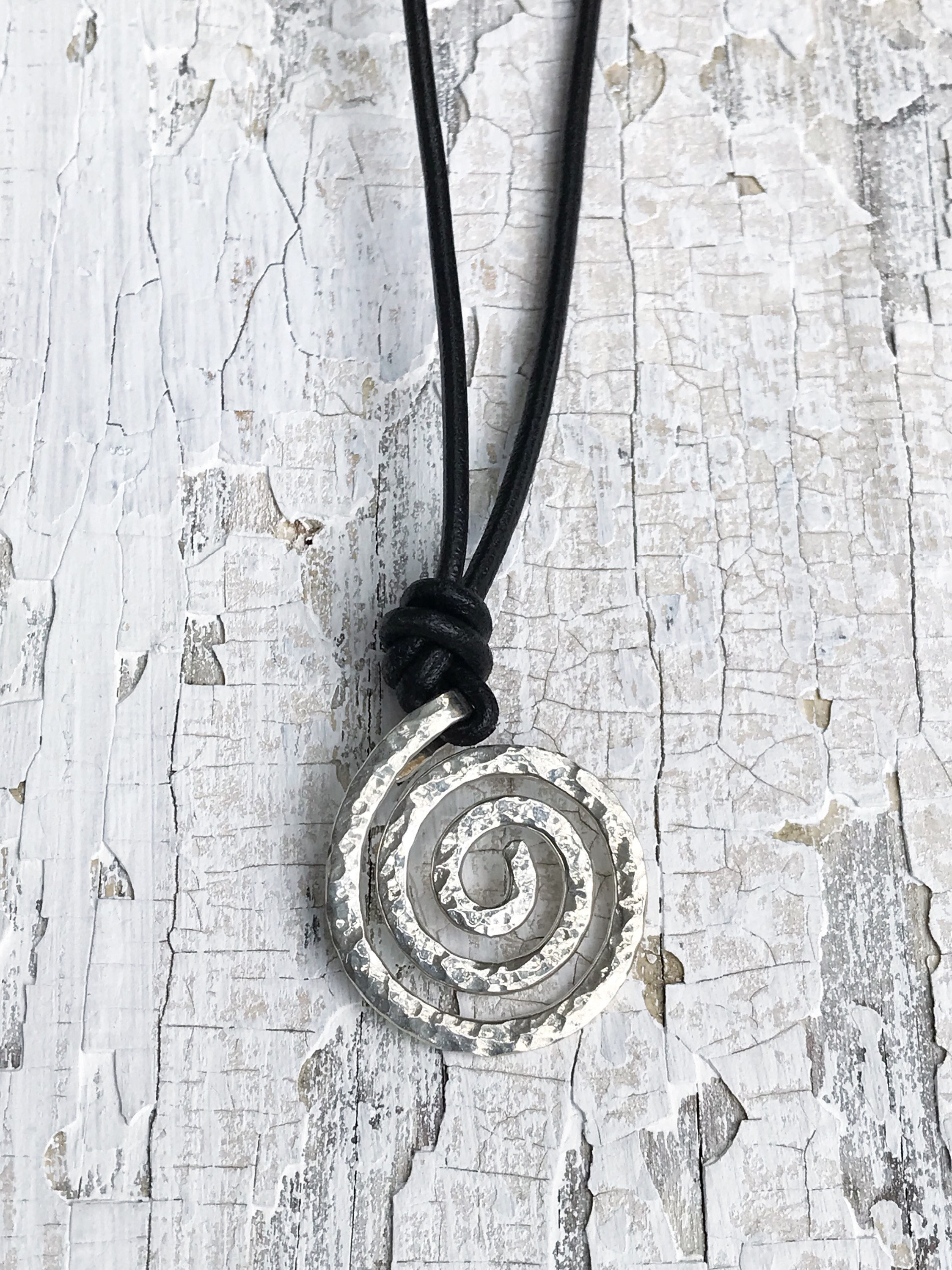 Men's Spiral Necklace / Solid Sterling Silver / Hammer Forged / Koru Spiral / Adjustable Leather Cord - Image 9