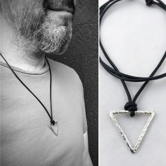 Men's Triangle Necklace / Solid Sterling Silver /  Rustic Hammer Forged Triangle / Adjustable Leather Cord