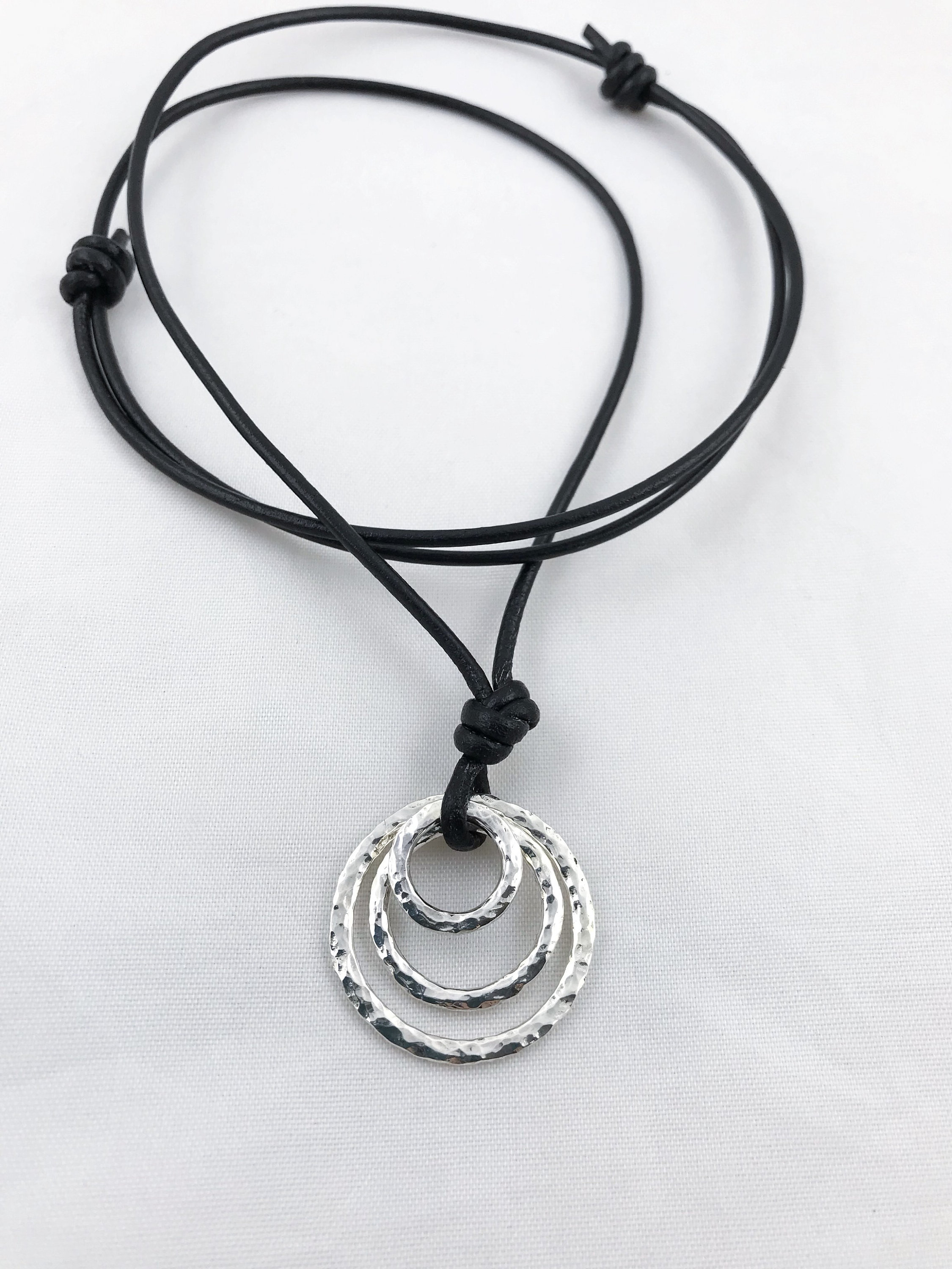 Men's Three Circle Necklace / Solid Sterling Silver / Rustic Hammer Forged Circles / Adjustable Leather Cord - Image 3