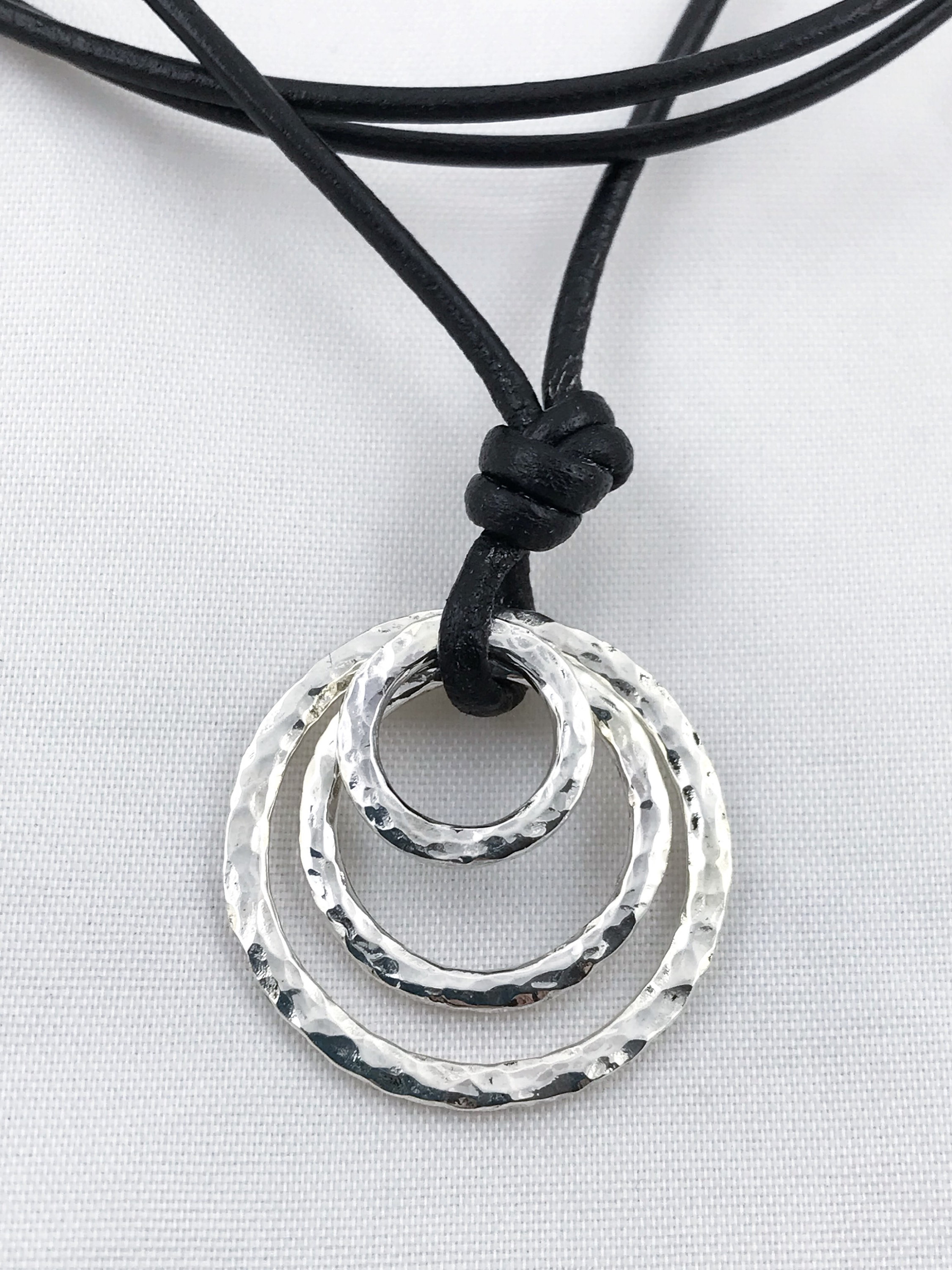 Men's Three Circle Necklace / Solid Sterling Silver / Rustic Hammer Forged Circles / Adjustable Leather Cord - Image 4