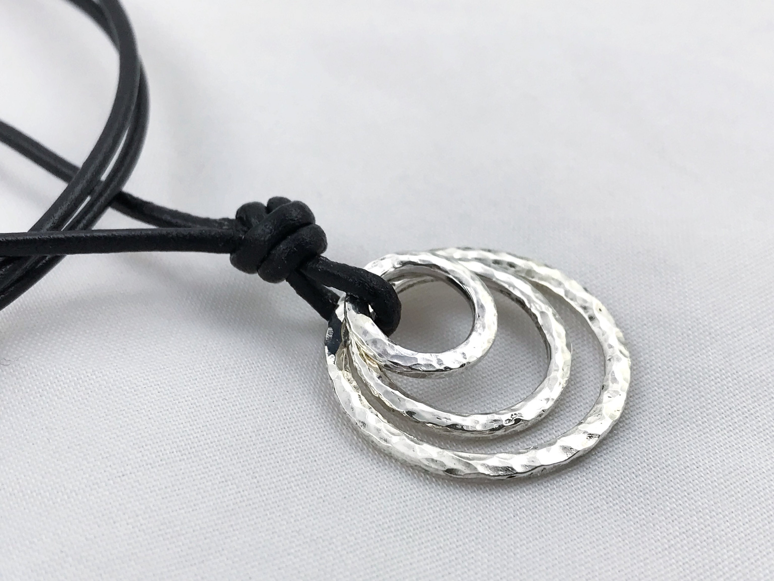 Men's Three Circle Necklace / Solid Sterling Silver / Rustic Hammer Forged Circles / Adjustable Leather Cord - Image 5