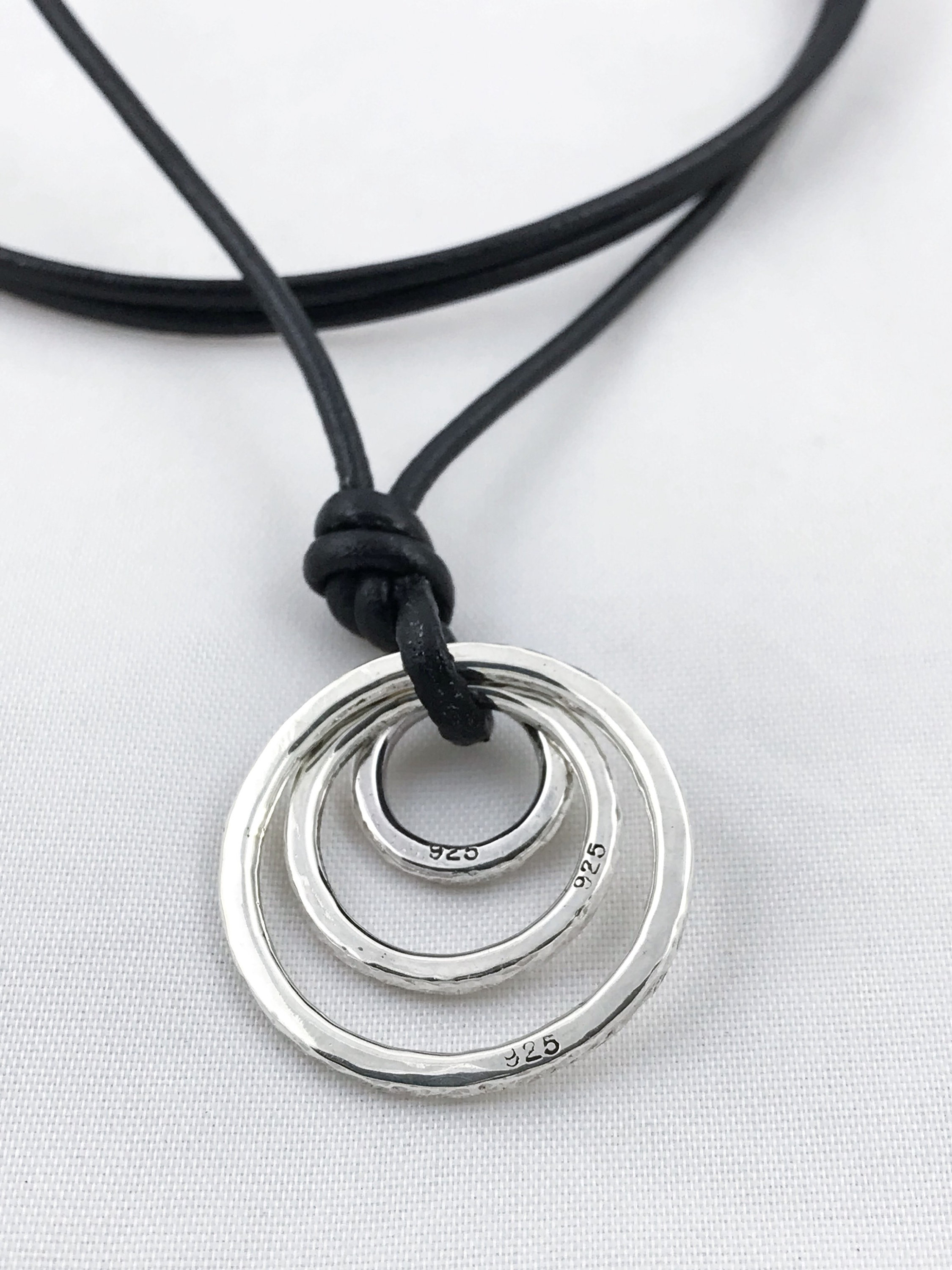 Men's Three Circle Necklace / Solid Sterling Silver / Rustic Hammer Forged Circles / Adjustable Leather Cord - Image 6