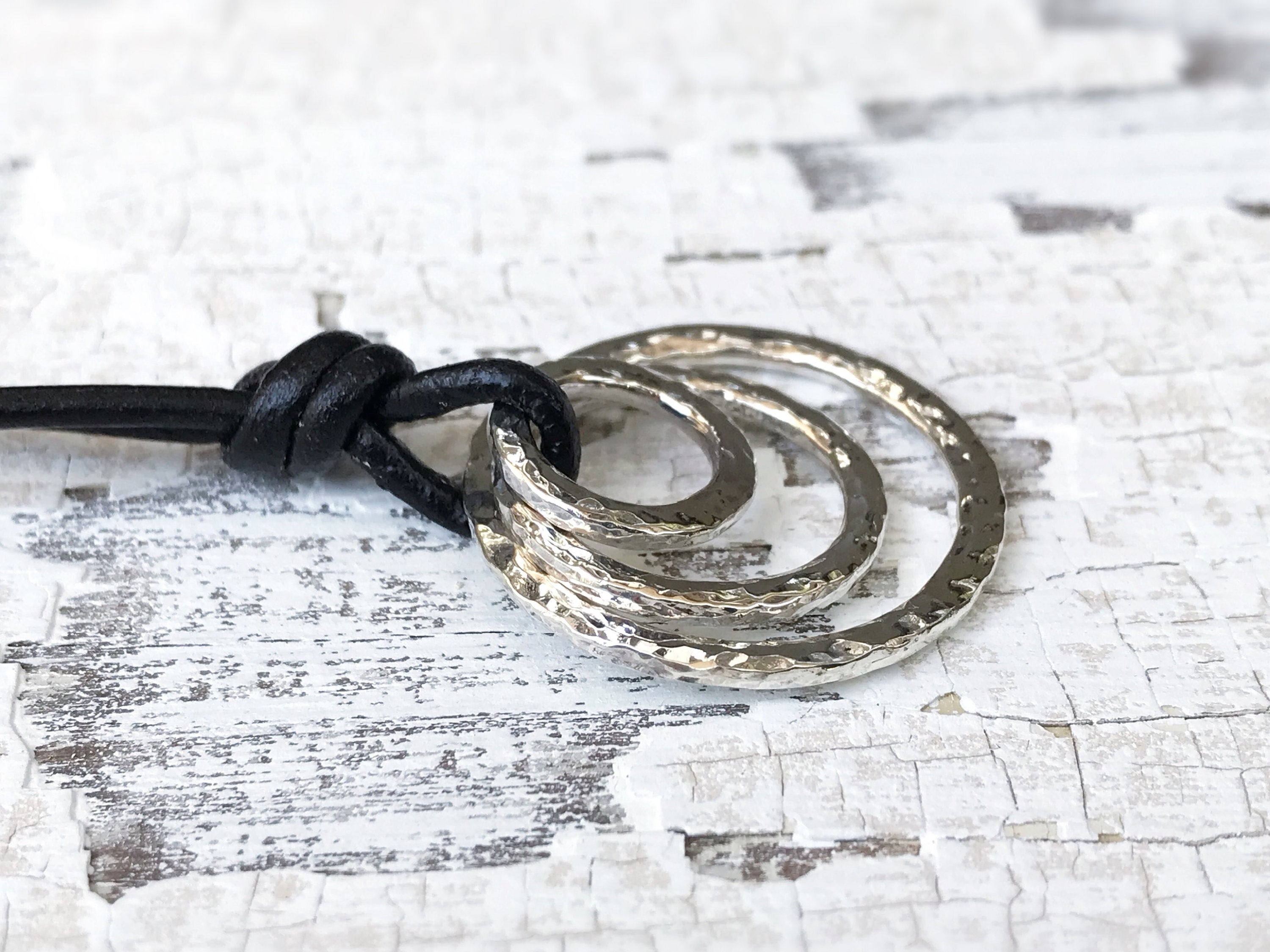 Men's Three Circle Necklace / Solid Sterling Silver / Rustic Hammer Forged Circles / Adjustable Leather Cord - Image 8