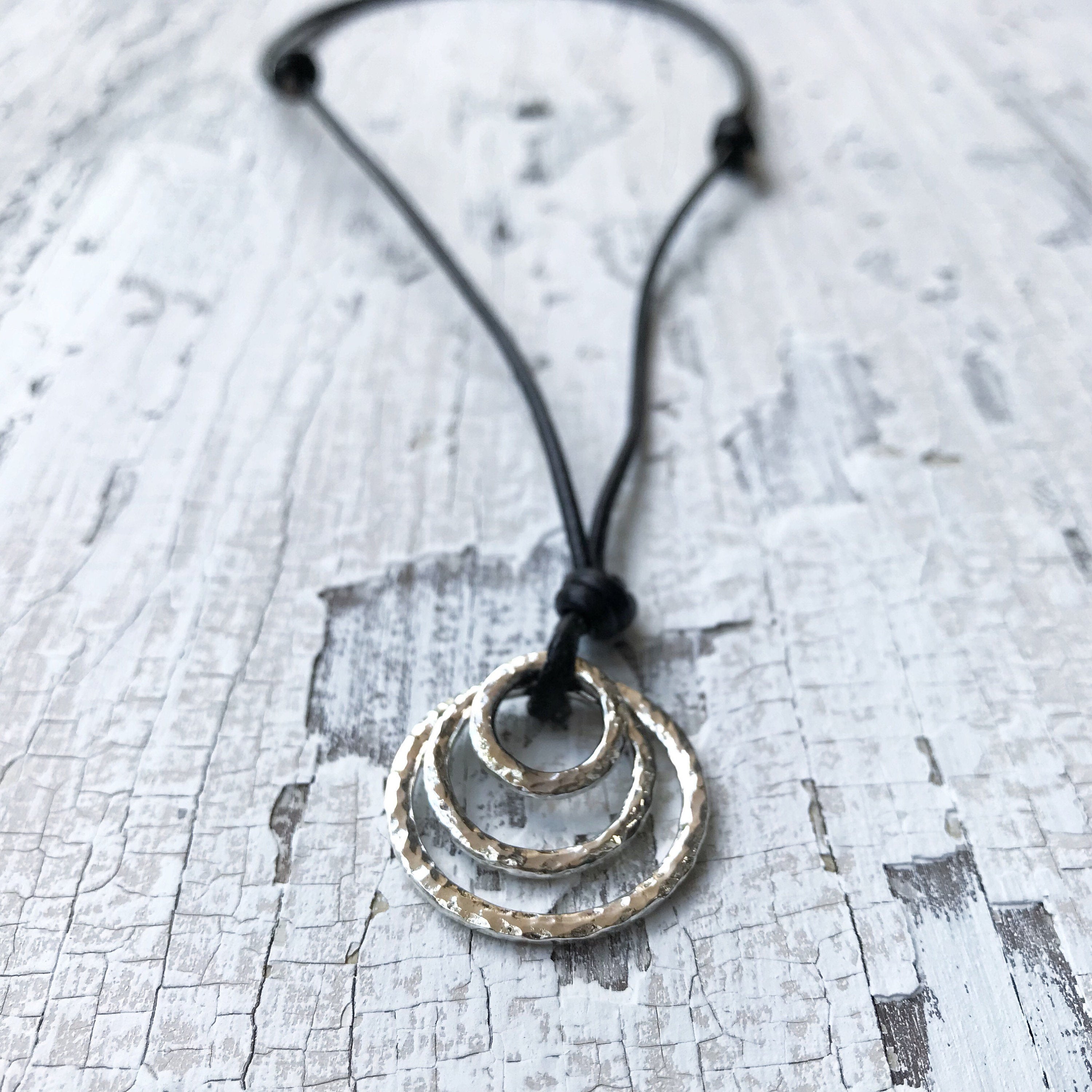 Men's Three Circle Necklace / Solid Sterling Silver / Rustic Hammer Forged Circles / Adjustable Leather Cord - Image 9