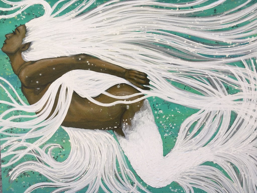 Mermaid Of Light Original Painting By Artist Rafi Perez Mixed Medium On Unstretched Canvas 48x38 - Image 2