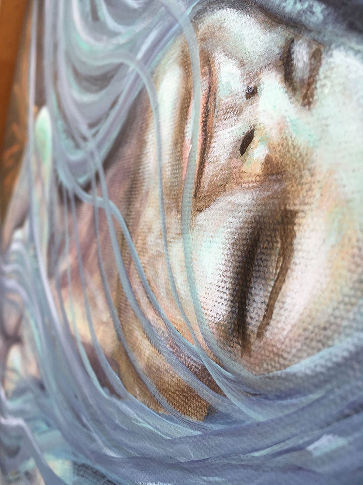 Moonlight Mermaid Original Painting By Artist Rafi Perez Mixed Medium On Canvas 24x36 - Image 2
