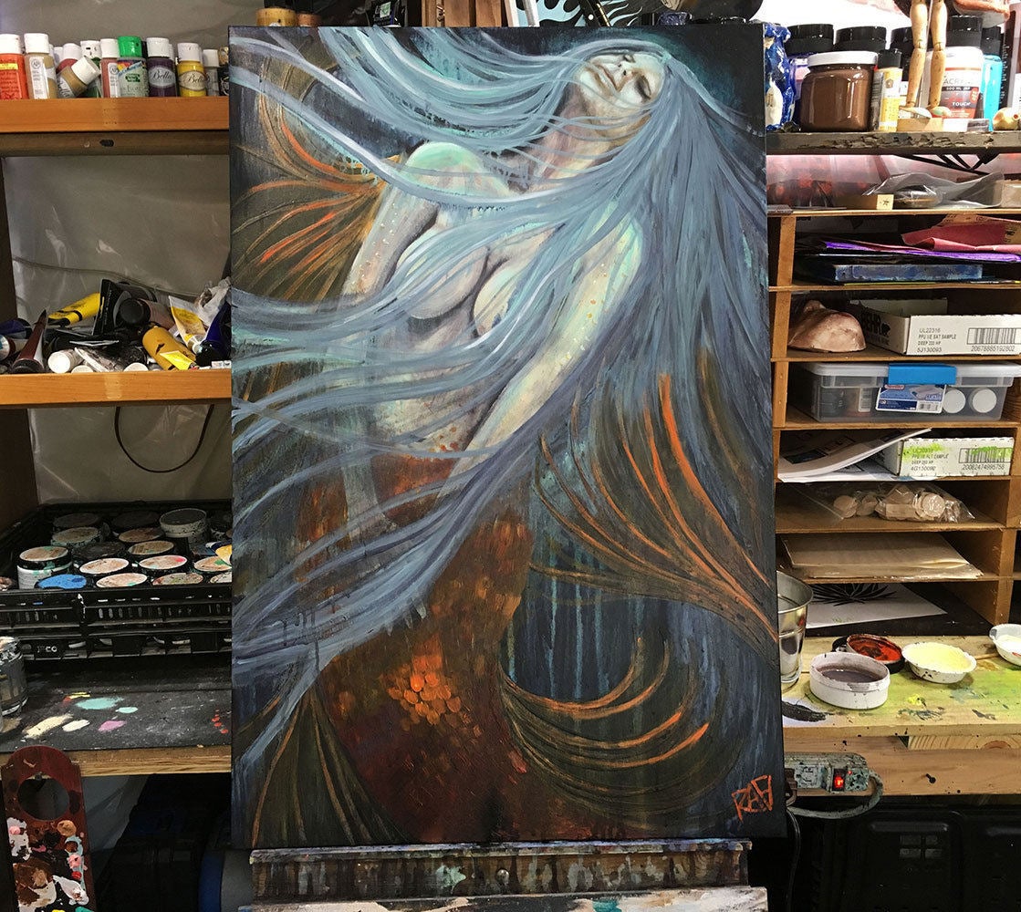 Moonlight Mermaid Original Painting By Artist Rafi Perez Mixed Medium On Canvas 24×36