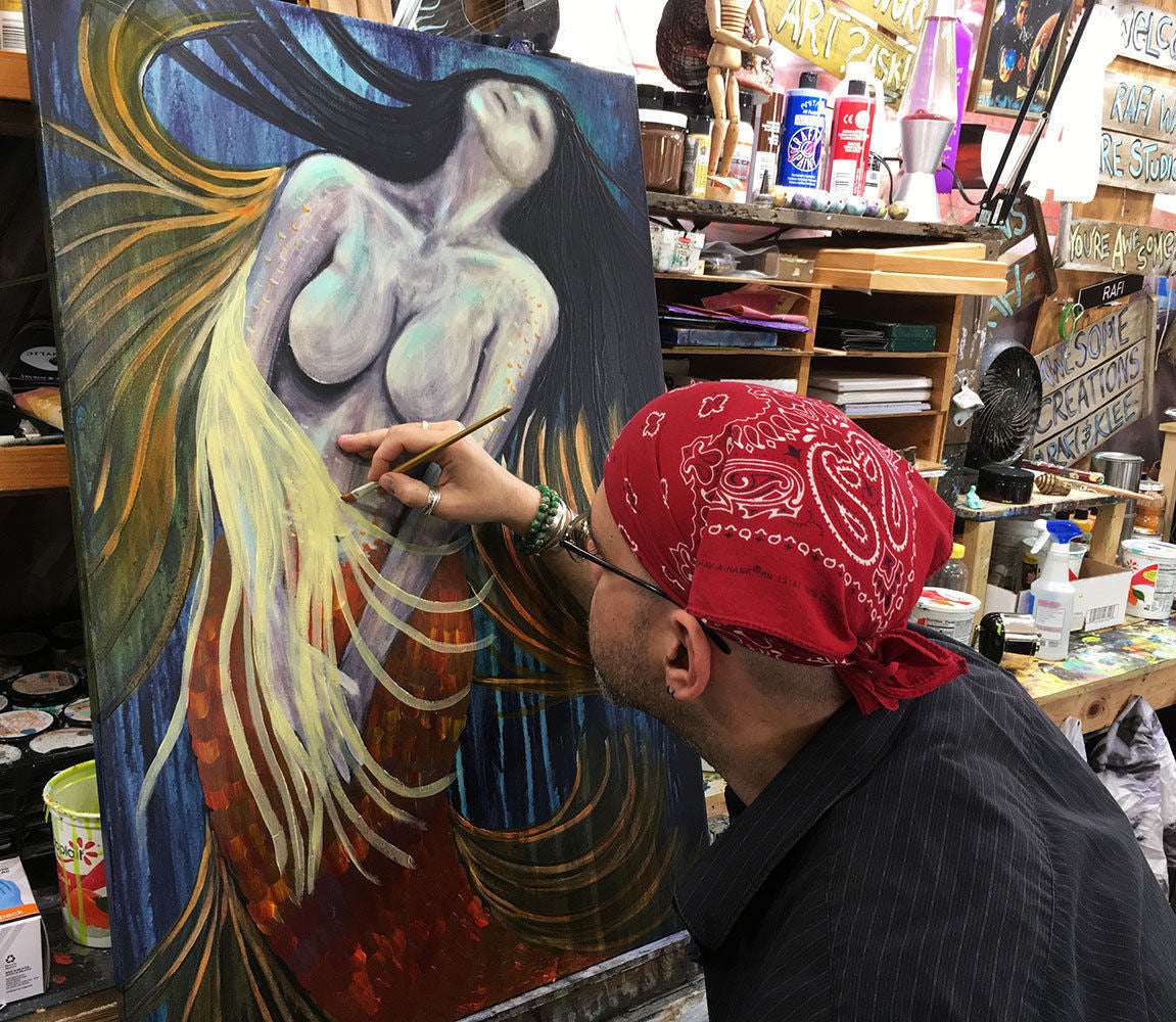 Moonlight Mermaid Original Painting By Artist Rafi Perez Mixed Medium On Canvas 24x36 - Image 5