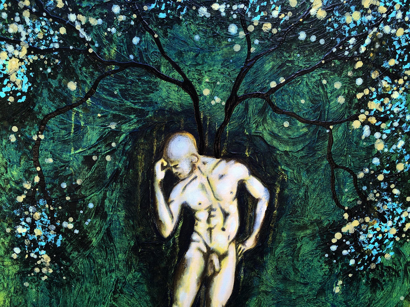 Growth Of Man Original Painting Nude Man Tree Wall Art By Artist Rafi Perez Mixed Medium On Canvas 24x30 - Image 2