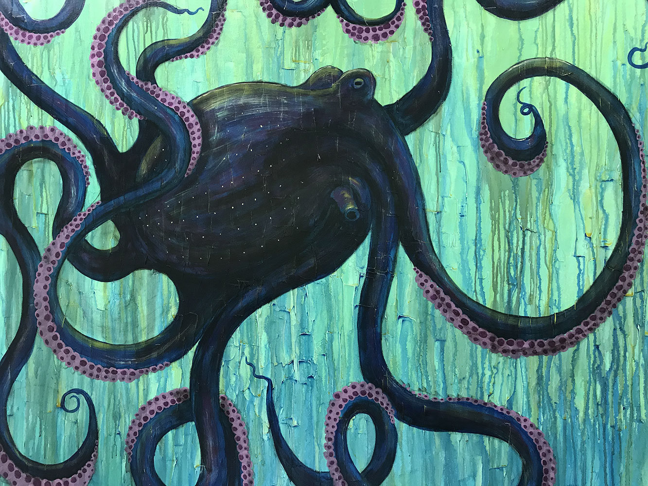 Octopus Original Large Painting By Artist Rafi Perez Mixed Medium On Unstretched Canvas 55x60 - Image 3
