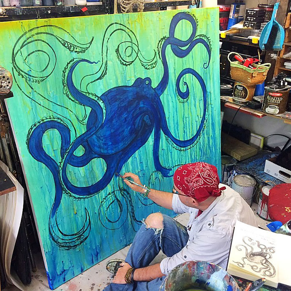 Octopus Original Large Painting By Artist Rafi Perez Mixed Medium On Unstretched Canvas 55x60 - Image 5