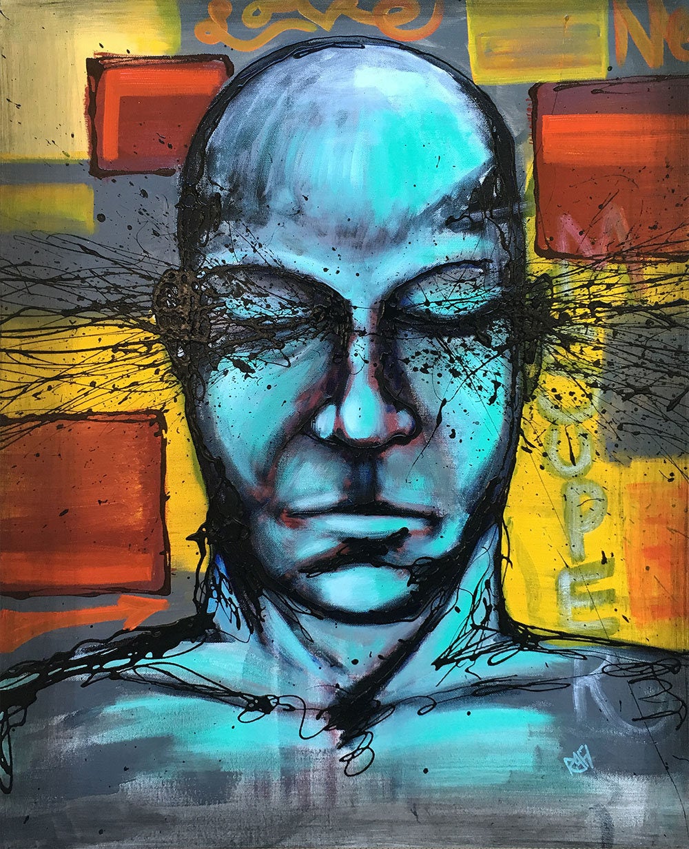 Original Painting Blue Man Expressions Wall Art by artist Rafi Perez Mixed Medium on Canvas 24X30