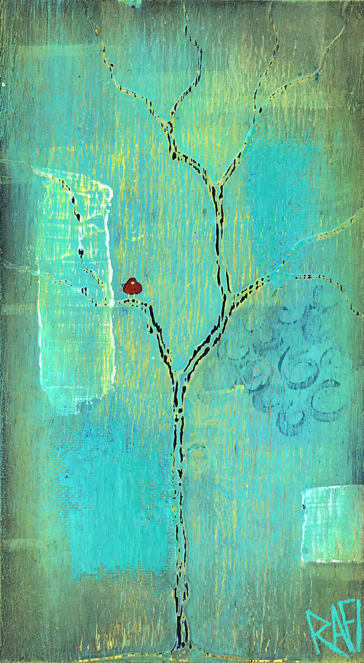 Out on A Limb Red Bird – Abstract Tree – Mixed Media On Reclaimed Wood  By Rafi