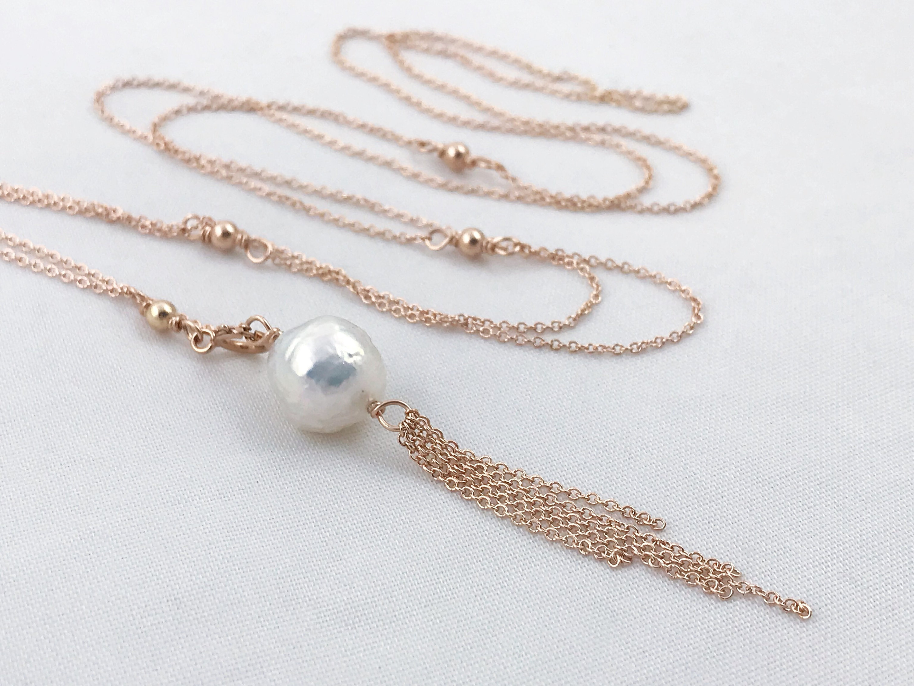 Pearl Tassel Lariat Necklace / 14k Rose Gold Filled Y Necklace