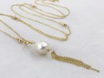 Pearl Tassel Lariat Necklace / 14k Yellow Gold Filled Y Necklace / Long Adjustable Length / Genuine White Freshwater Fireball Pearl
