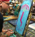 Pink Jellyfish Textured Glow on The Dark original painting by artist Rafi Perez Mixed Medium on Canvas 8X24