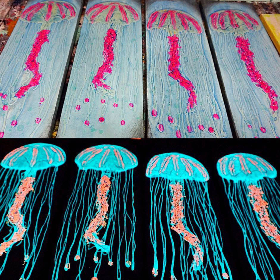 Pink Jellyfish Textured Glow on The Dark original painting by artist Rafi Perez Mixed Medium on Canvas 8X24 - Image 2