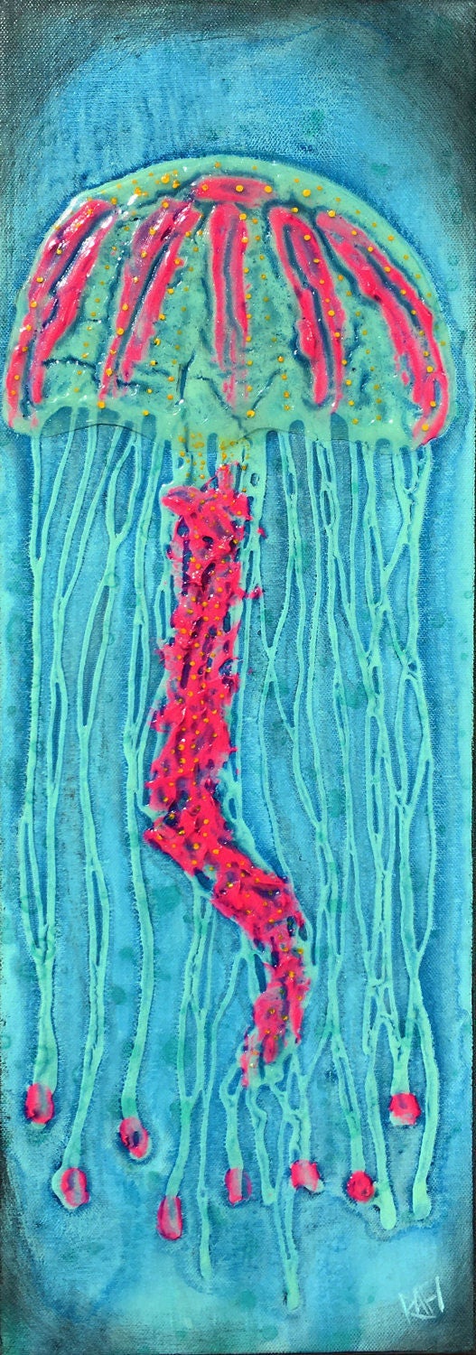 Pink Jellyfish Textured Glow on The Dark original painting by artist Rafi Perez Mixed Medium on Canvas 8X24 - Image 3