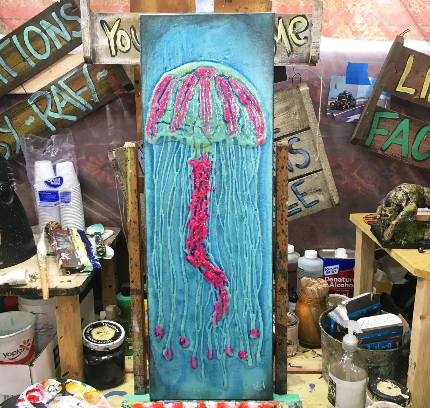 Pink Jellyfish Textured Glow on The Dark original painting by artist Rafi Perez Mixed Medium on Canvas 8X24 - Image 4