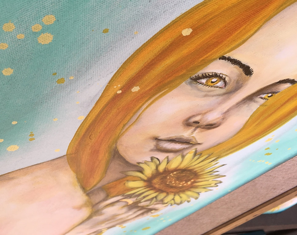 Playful Golden Sunflower Original Painting by artist Rafi Perez Mixed Medium and Gold Leaf on Canvas 18X24 - Image 2