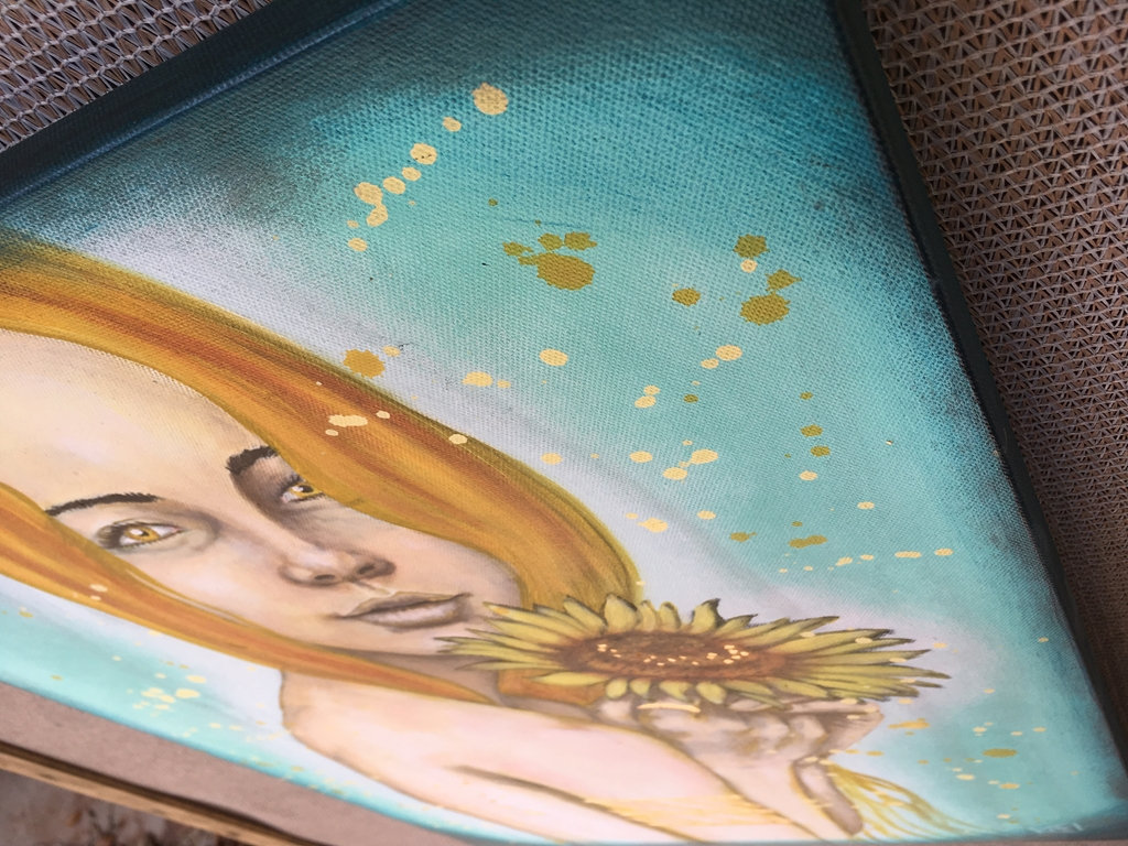 Playful Golden Sunflower Original Painting by artist Rafi Perez Mixed Medium and Gold Leaf on Canvas 18X24 - Image 3