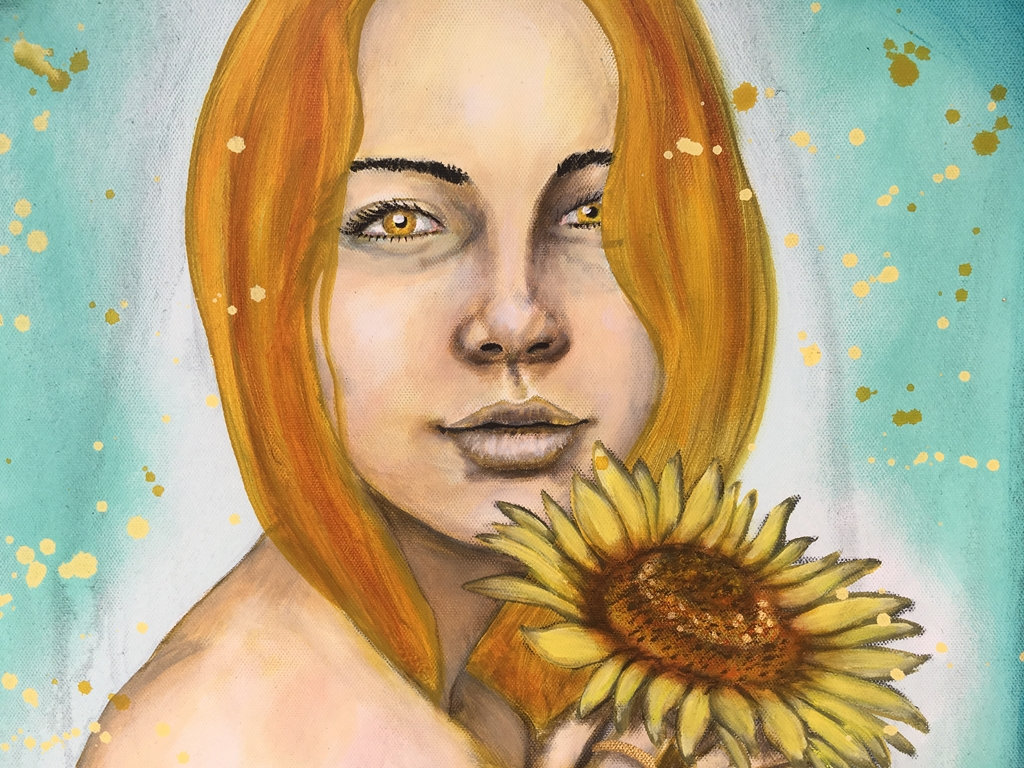 Playful Golden Sunflower Original Painting by artist Rafi Perez Mixed Medium and Gold Leaf on Canvas 18X24 - Image 4