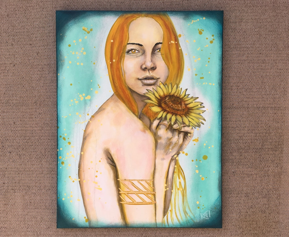 Playful Golden Sunflower Original Painting by artist Rafi Perez Mixed Medium and Gold Leaf on Canvas 18X24 - Image 6