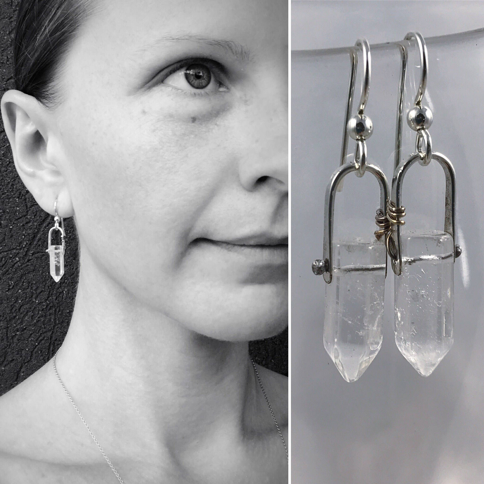 Rock Crystal Clear Quartz Point Faceted Crystal Earrings .925 Sterling Silver 