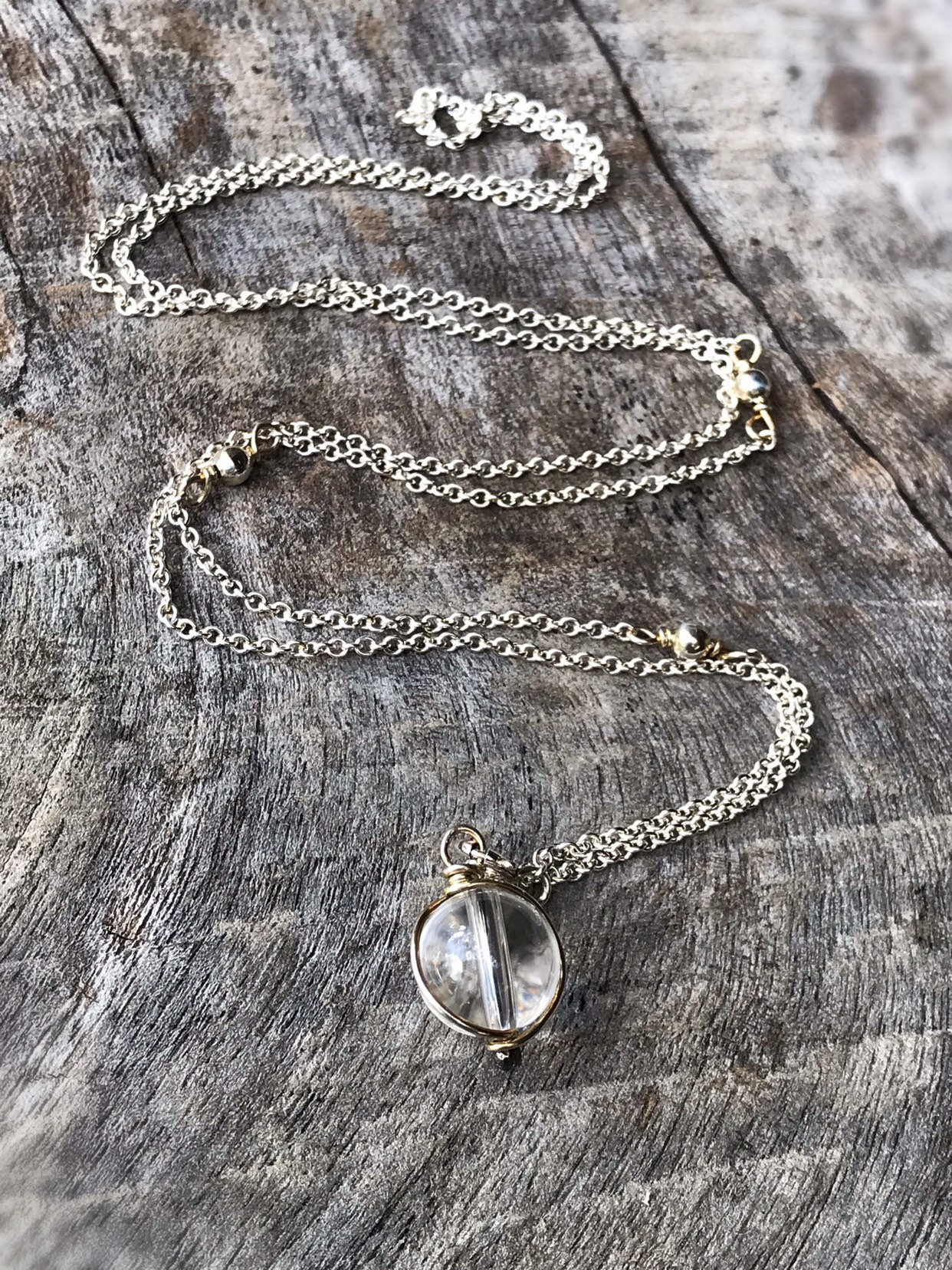 Orb Lariat Necklace / Solid Sterling Silver / Genuine Quartz / Adjustable Length / Pools Of Light - Image 2