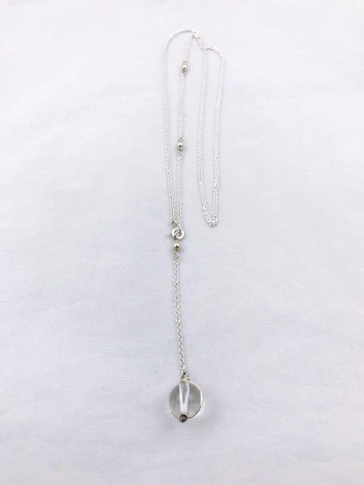 Orb Lariat Necklace / Solid Sterling Silver / Genuine Quartz / Adjustable Length / Pools Of Light - Image 4